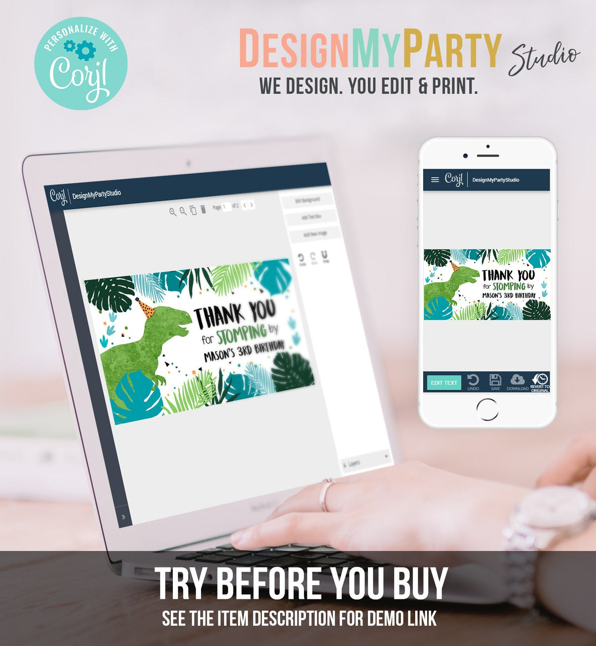 Editable Dinosaur Gable Gift Box Labels Dinosaur Party Favors Dino Birthday Boy Dino Stomping By Blue T-Rex Digital Template Printable 0389