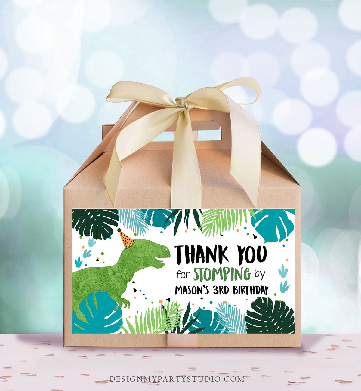 Editable Dinosaur Gable Gift Box Labels Dinosaur Party Favors Dino Birthday Boy Dino Stomping By Blue T-Rex Digital Template Printable 0389