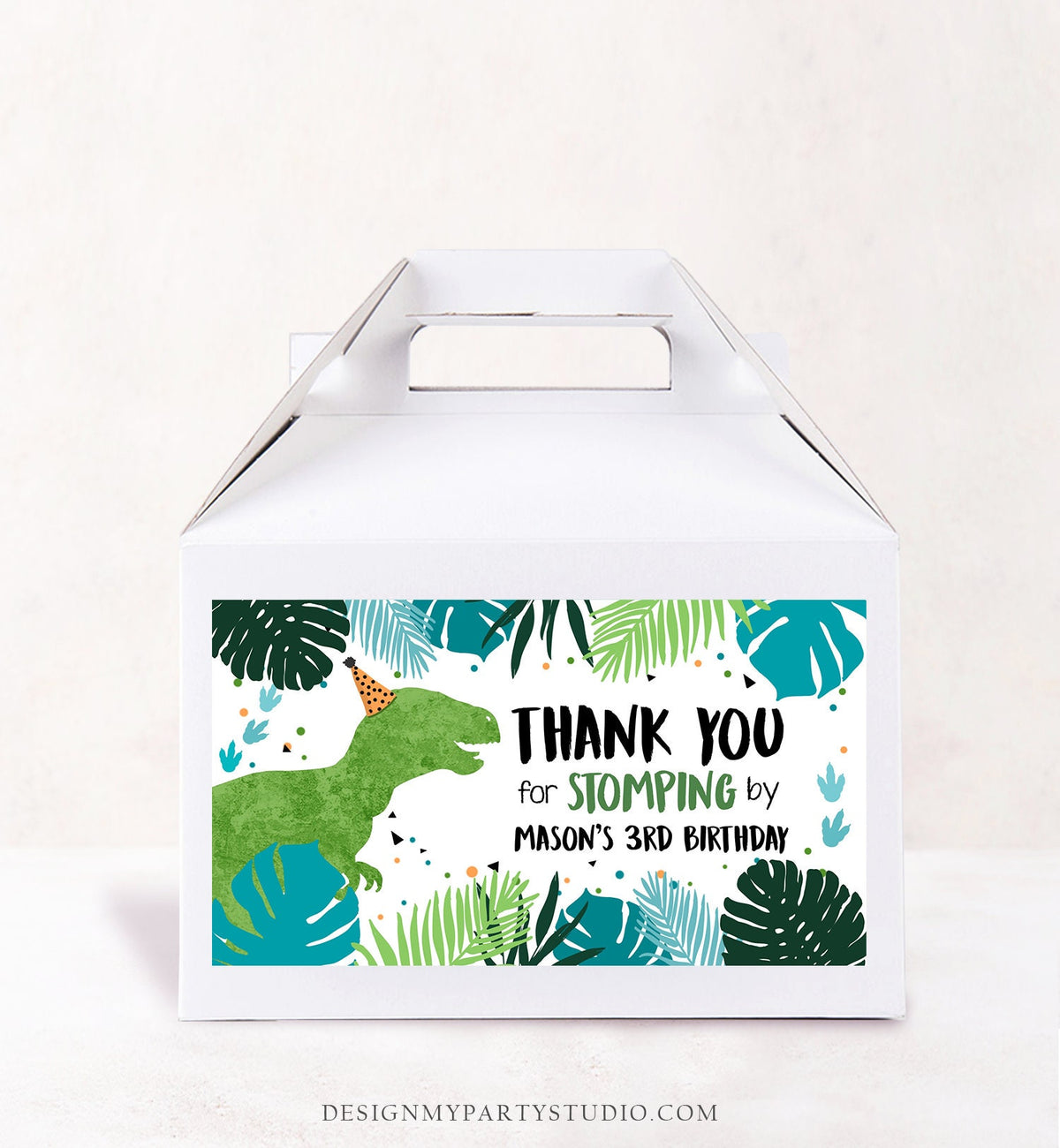 Editable Dinosaur Gable Gift Box Labels Dinosaur Party Favors Dino Birthday Boy Dino Stomping By Blue T-Rex Digital Template Printable 0389