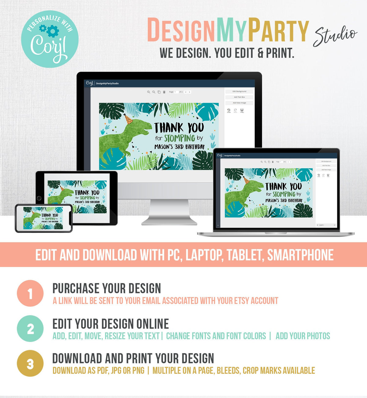 Editable Dinosaur Gable Gift Box Labels Dinosaur Party Favors Dino Birthday Boy Dino Stomping By Blue T-Rex Digital Corjl Printable 0389