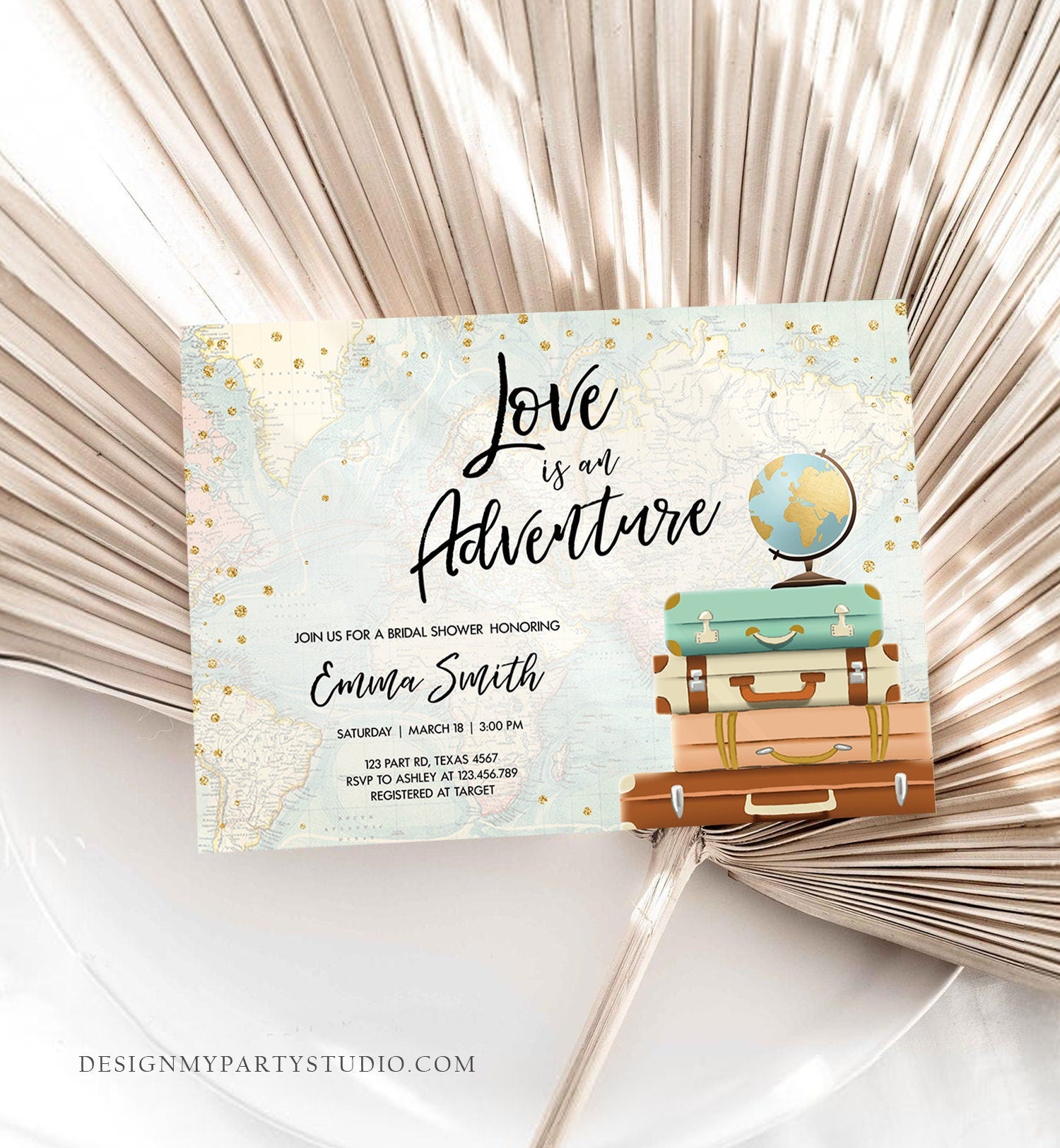 Editable Love is an Adventure Bridal Shower Invitation Traveling to Mrs Travel World Map Suitcases Digital Download Template Printable 0263