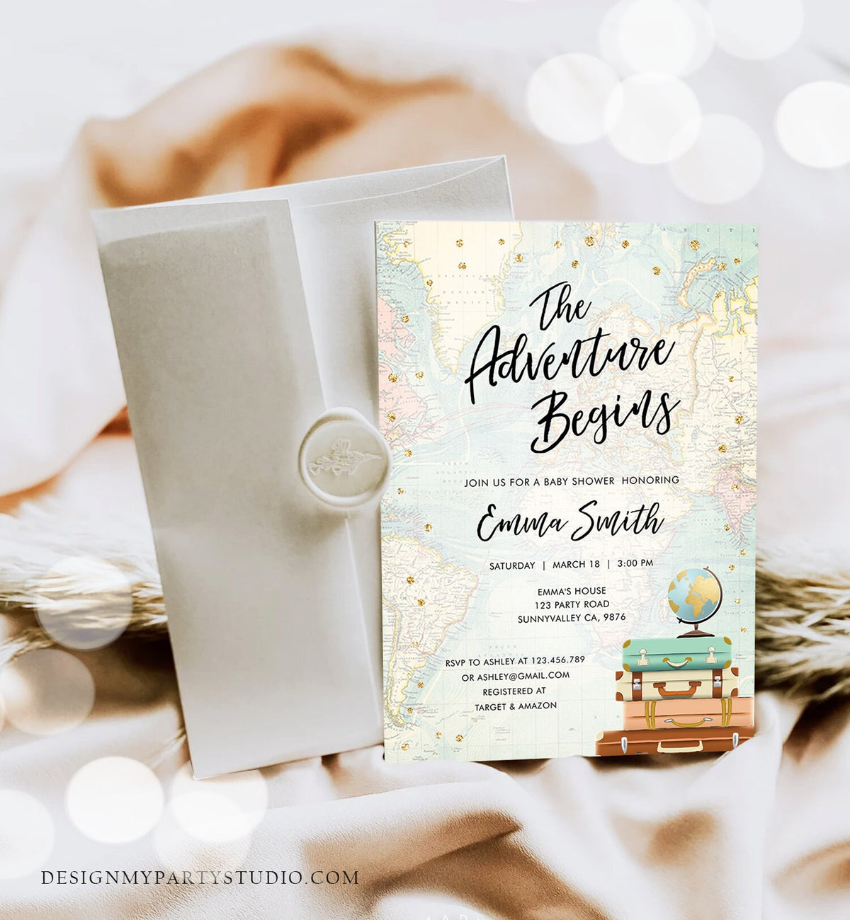 Editable The Adventure Begins Baby Shower Invitation Gold Confetti Suitcases Globe Travel Around World Corjl Template Printable 0263