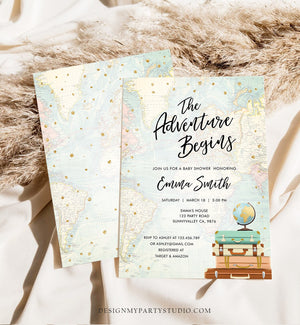 Editable The Adventure Begins Baby Shower Invitation Gold Confetti Suitcases Globe Travel Around World Printable Corjl Template 0263