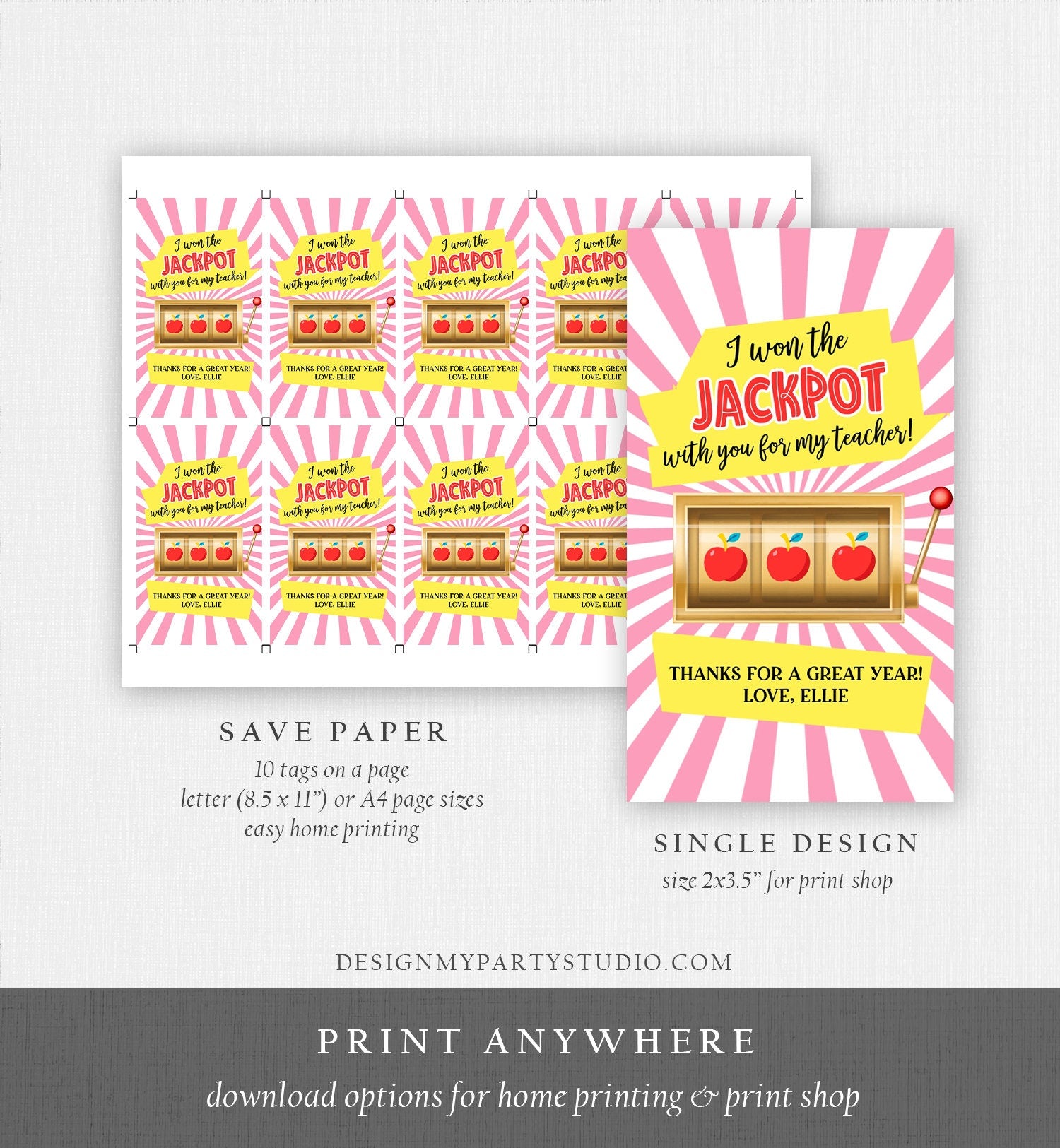 Editable Teacher Appreciation Gift Tags Jackpot Tag Teacher Tag School End of the Year Gift Tag Class Kids Corjl Template Printable 0464
