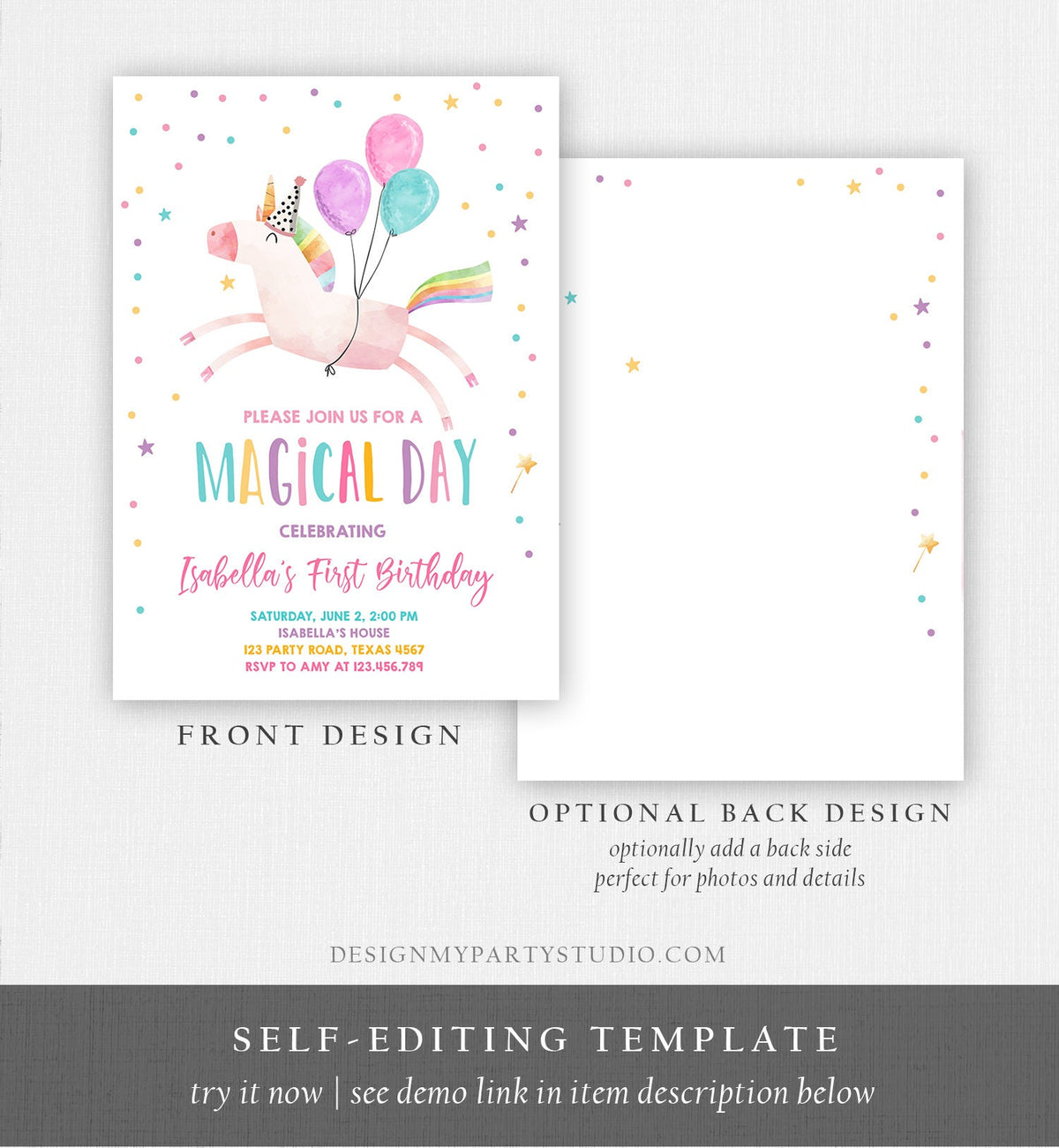 Editable Unicorn Birthday Invitation Magical Party Invite Girl Pink First Birthday Rainbow Digital Download Evite Template Printable 0336