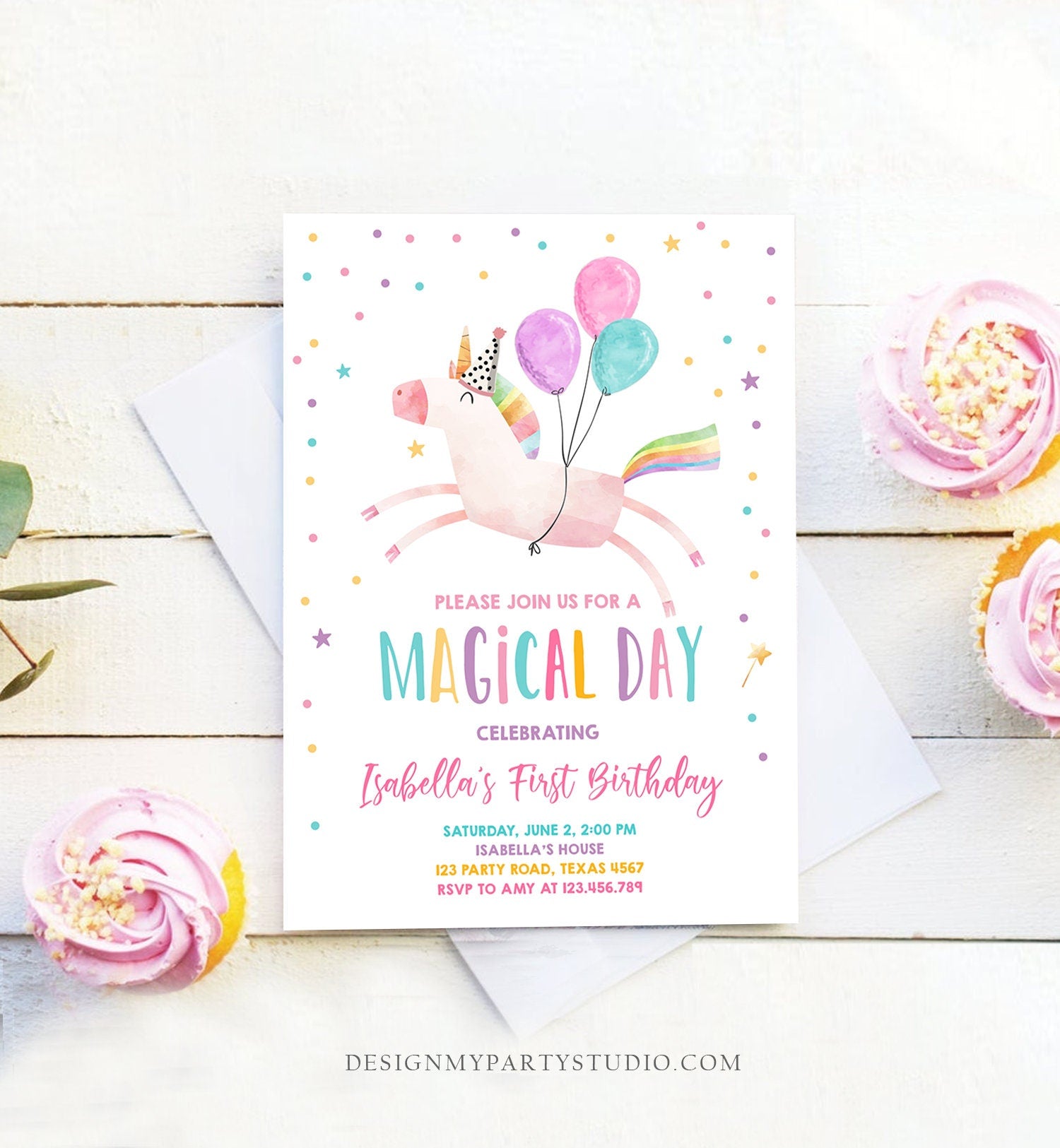 Editable Unicorn Birthday Invitation Magical Party Invite Girl Pink First Birthday Rainbow Digital Download Evite Template Printable 0336