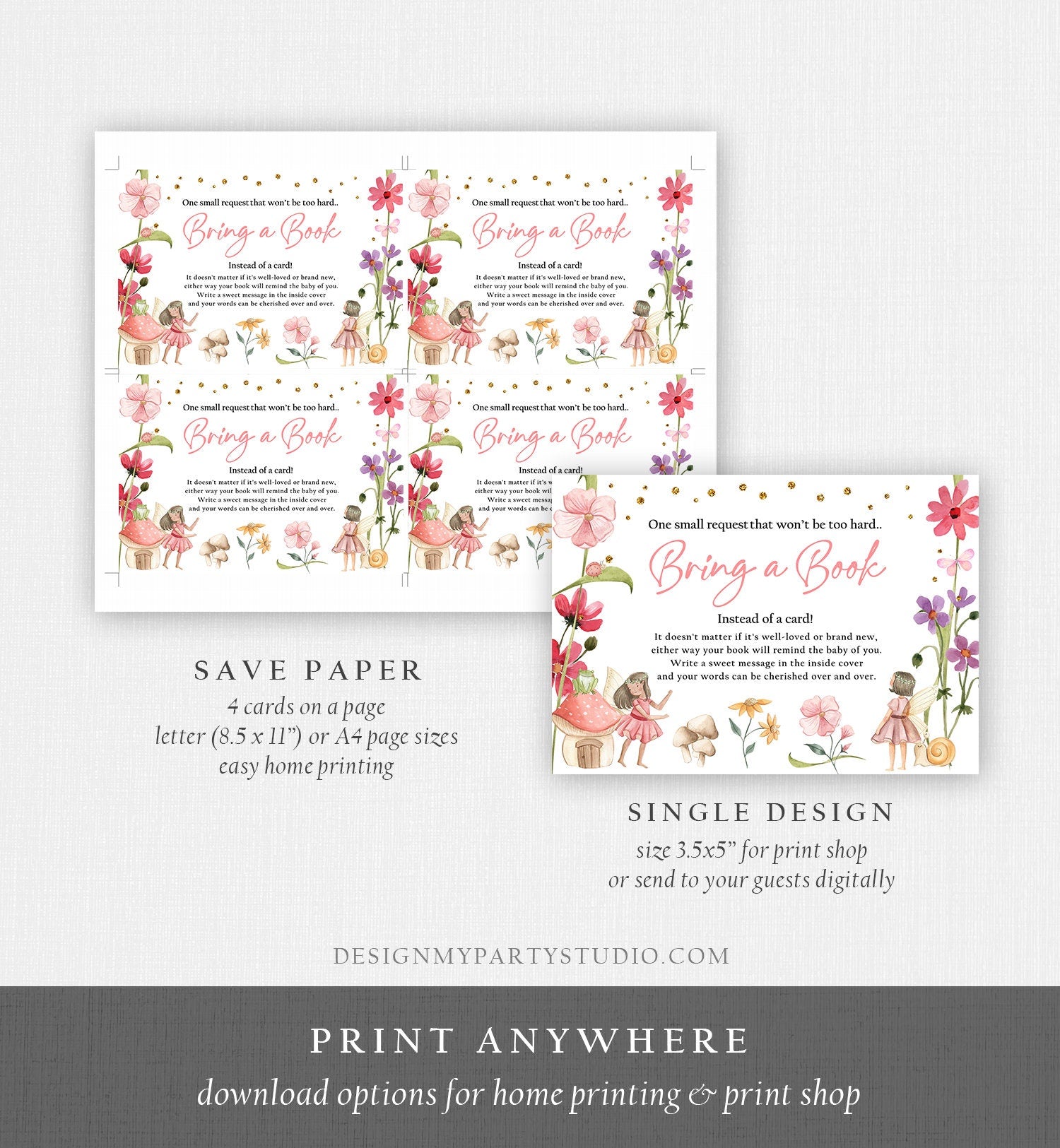 Editable Fairy Bring a Book Card Note Card Magical Forest Baby Shower Book Insert Books for Baby Request Digital Template Printable 0406