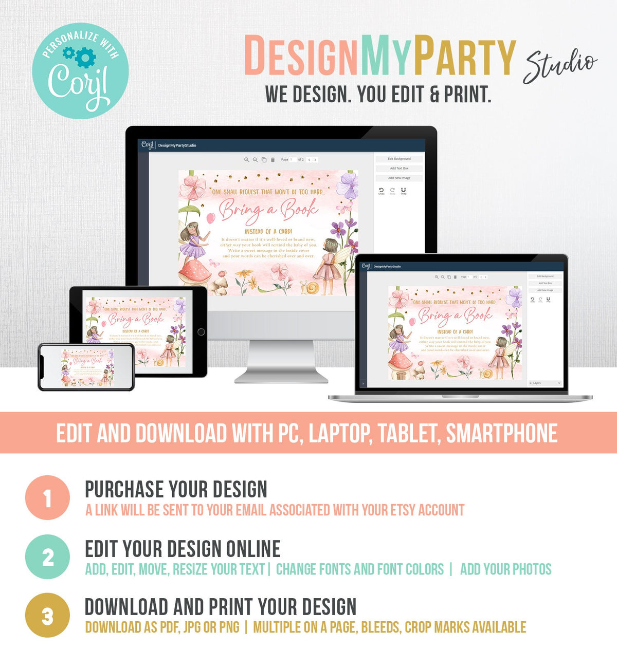 Editable Fairy Bring a Book Card Note Card Magical Forest Baby Shower Book Insert Books for Baby Book Request Corjl Template Printable 0406