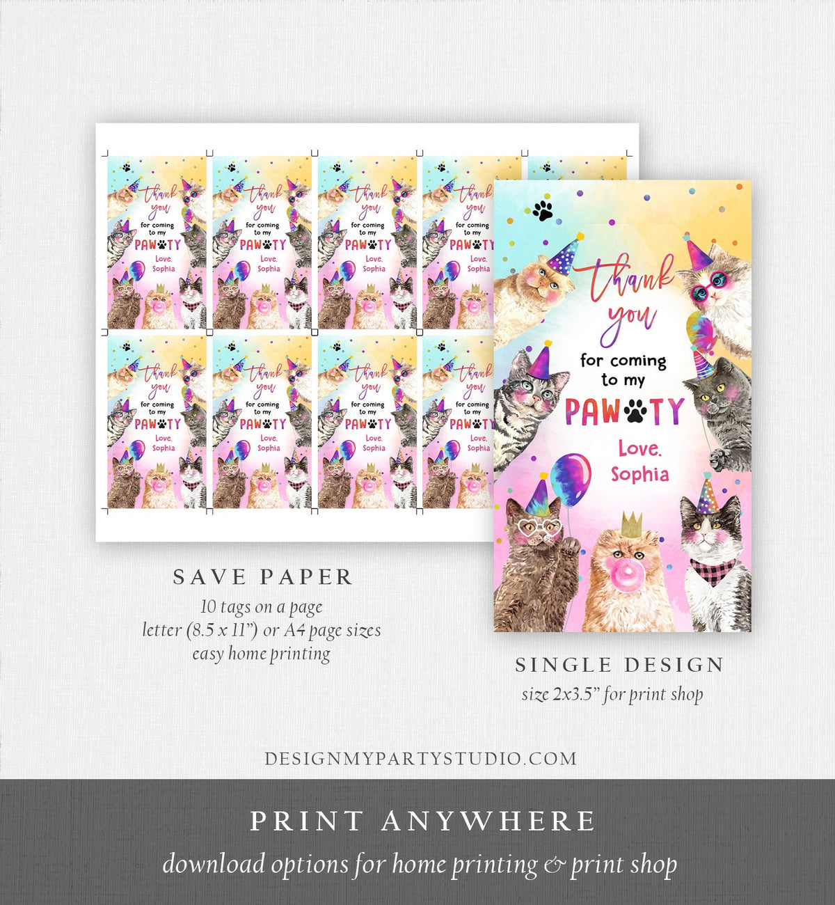 Editable Kitten Favor tags Cat Birthday Thank you tag Girl Kitten Birthday Cat Party Animals Kitty Pawty Template PRINTABLE Corjl 0460