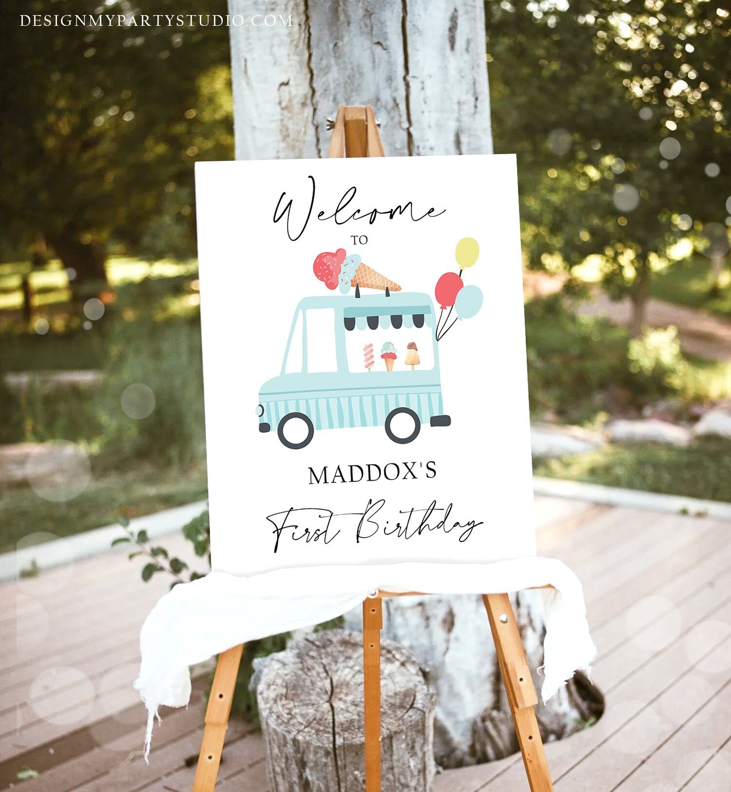 Editable Ice Cream Truck Party Welcome Sign Ice Cream Birthday Welcome Scoop Modern Boy Summer Blue Shoppe Template PRINTABLE Corjl 0415