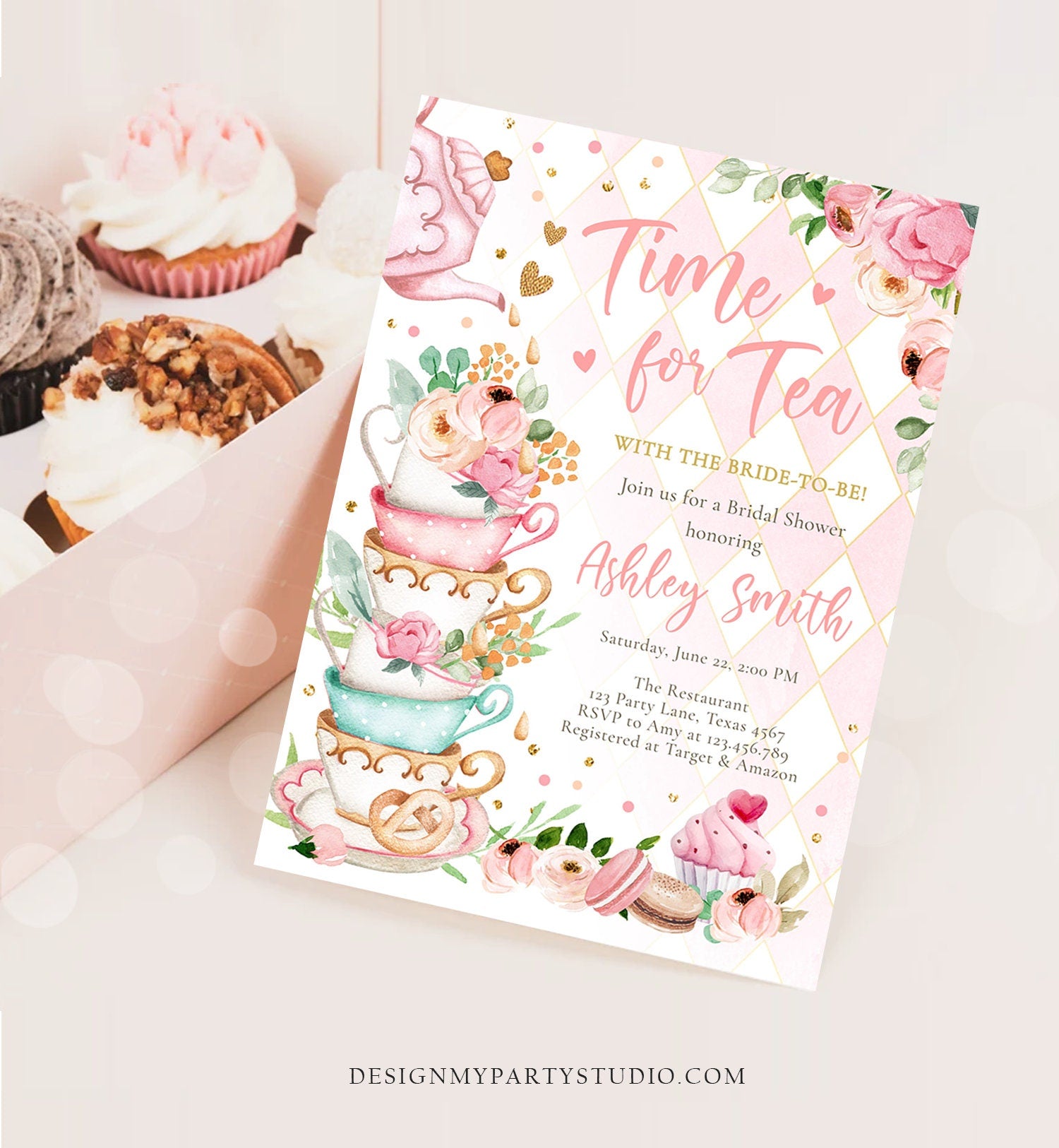 Editable Time For Tea Bridal Shower Invitation Tea Party Wedding Shower Floral Pink Gold Blush Love is Brewing Evite Template Printable 0349