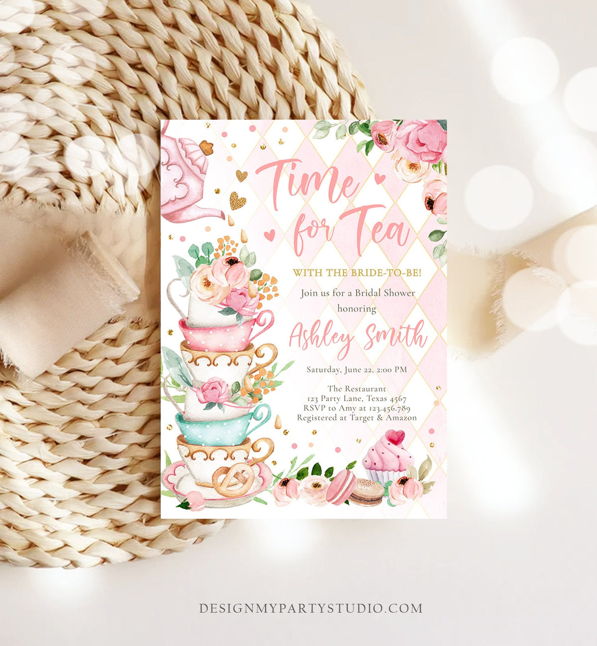 Editable Time For Tea Bridal Shower Invitation Tea Party Wedding Shower Floral Pink Gold Blush Love is Brewing Evite Template Printable 0349