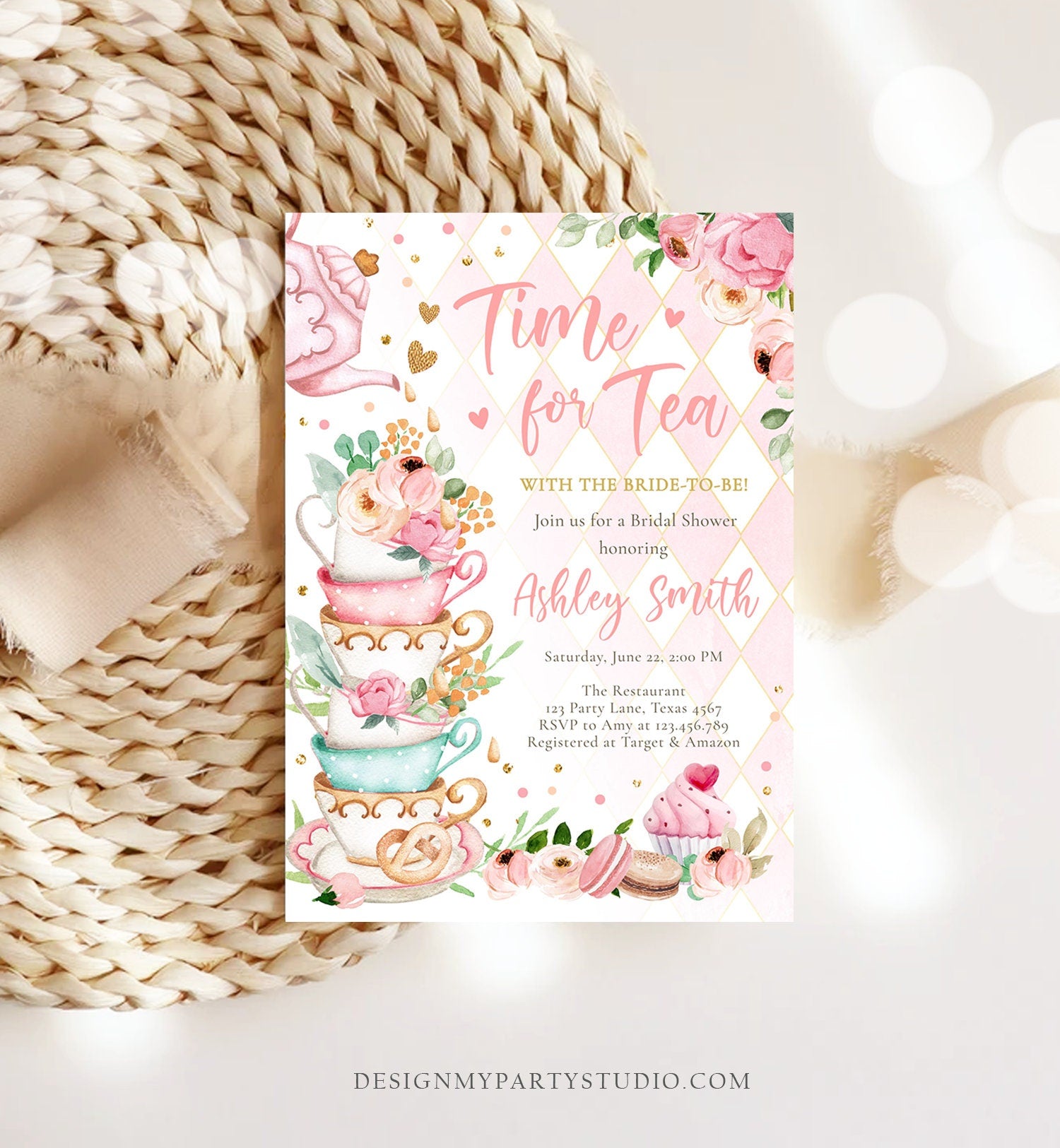 Editable Time For Tea Bridal Shower Invitation Tea Party Wedding Shower Floral Pink Gold Blush Love is Brewing Evite Template Printable 0349