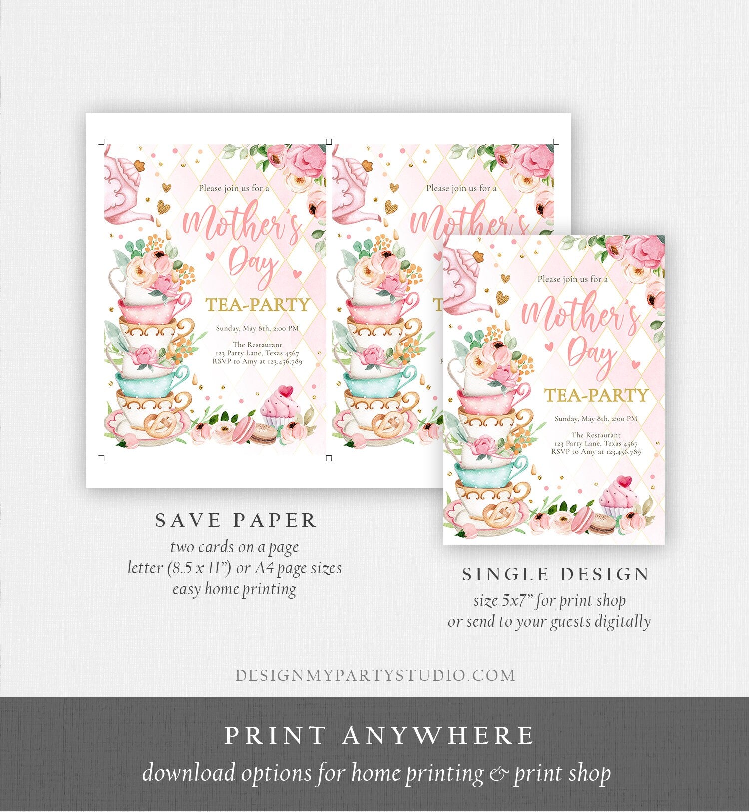 Editable Mothers Day Tea Party Invitation Tea Party Mother's Day Brunch Invite Mommy and Me Pink Floral Gold Corjl Template Printable 0349