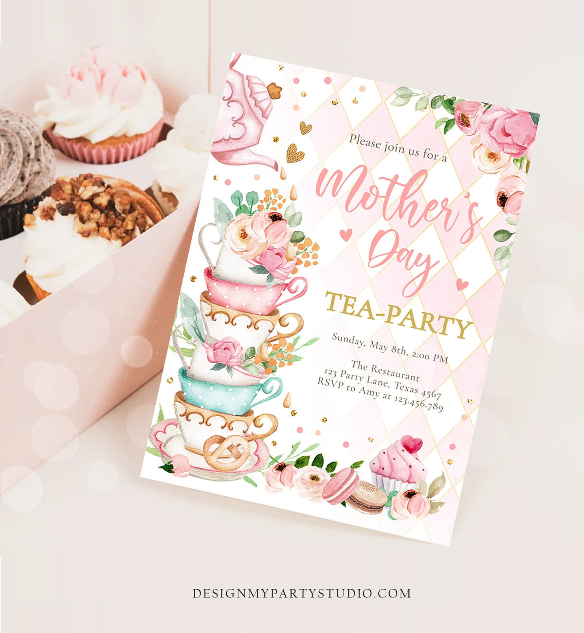 Editable Mothers Day Tea Party Invitation Tea Party Mother&#39;s Day Brunch Invite Mommy and Me Pink Floral Gold Corjl Template Printable 0349