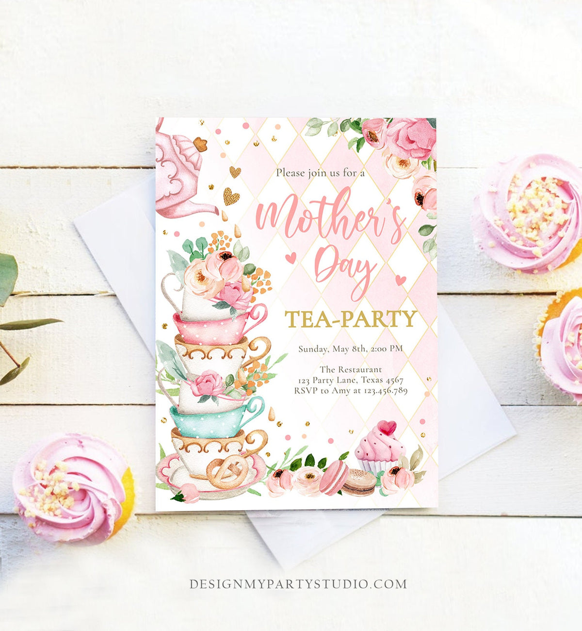 Editable Mothers Day Tea Party Invitation Tea Party Mother&#39;s Day Brunch Invite Mommy and Me Pink Floral Gold Corjl Template Printable 0349
