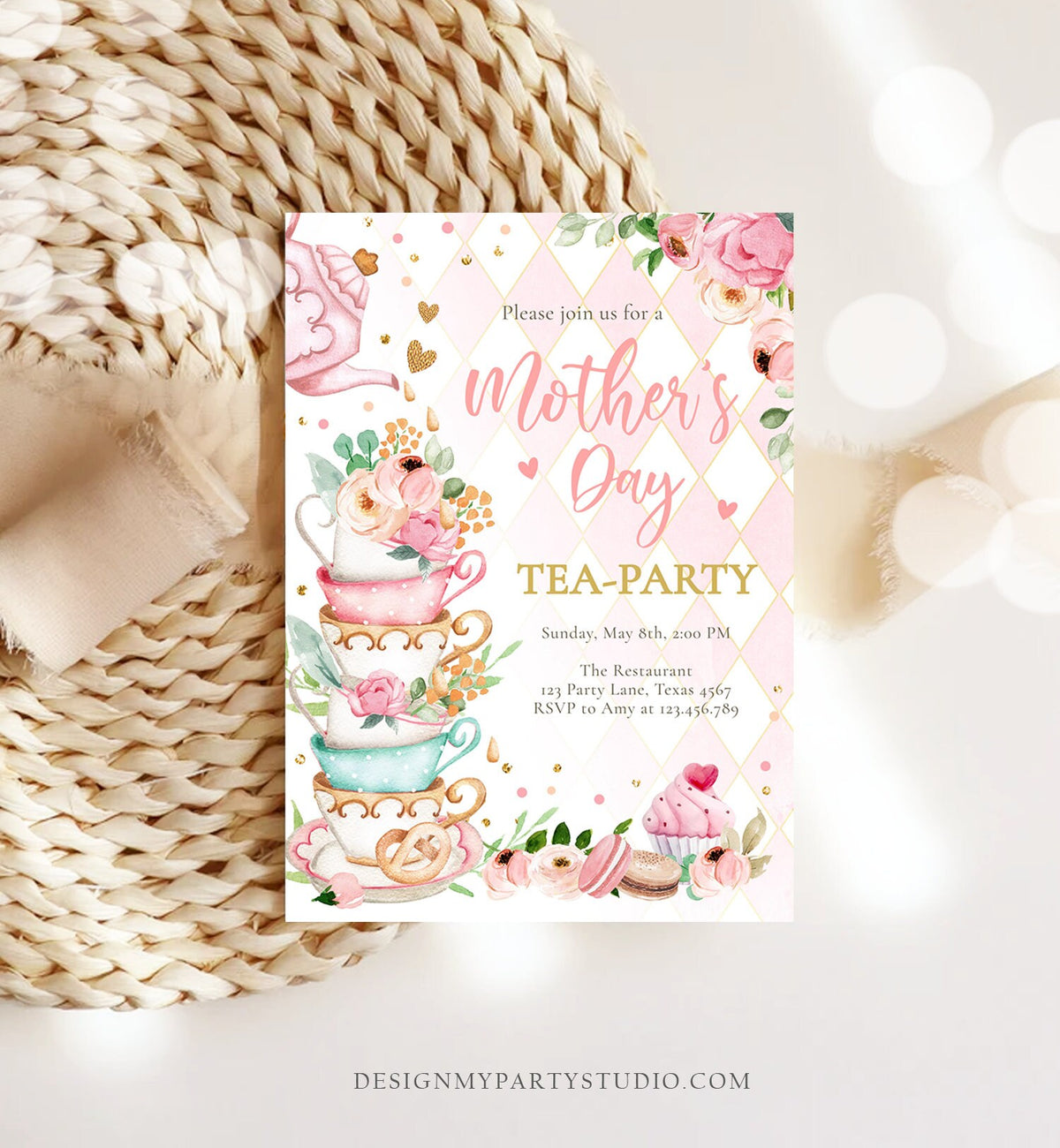 Editable Mothers Day Tea Party Invitation Tea Party Mother&#39;s Day Brunch Invite Mommy and Me Pink Floral Gold Corjl Template Printable 0349