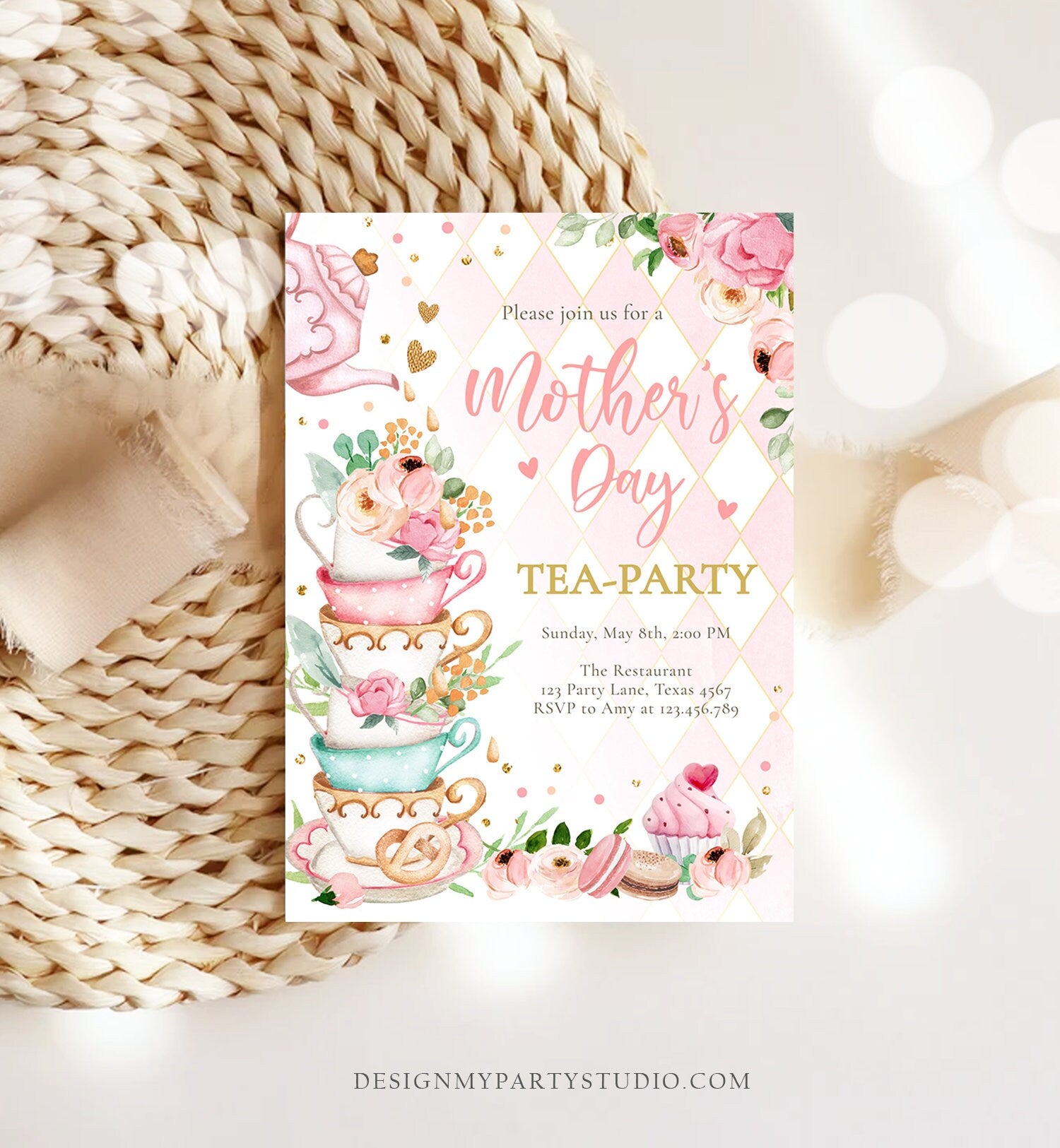 Editable Mothers Day Tea Party Invitation Tea Party Mother's Day Brunch Invite Mommy and Me Pink Floral Gold Corjl Template Printable 0349