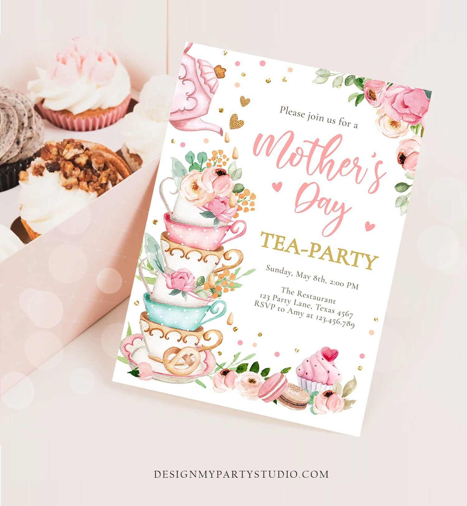 Editable Mothers Day Tea Party Invitation Tea Party Mother's Day Brunch Invite Mommy and Me Pink Floral Gold Corjl Template Printable 0349