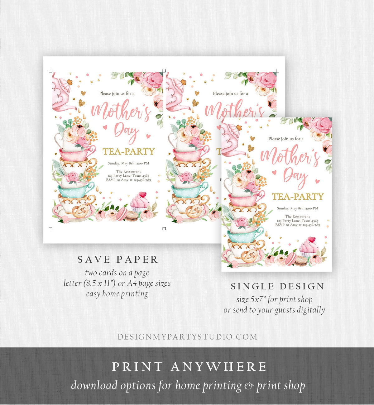 Editable Mothers Day Tea Party Invitation Tea Party Mother&#39;s Day Brunch Invite Mommy and Me Pink Floral Gold Corjl Template Printable 0349