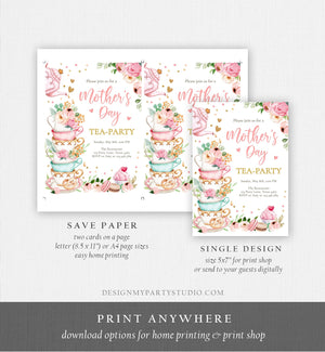 Editable Mothers Day Tea Party Invitation Tea Party Mother's Day Brunch Invite Mommy and Me Pink Floral Gold Corjl Template Printable 0349