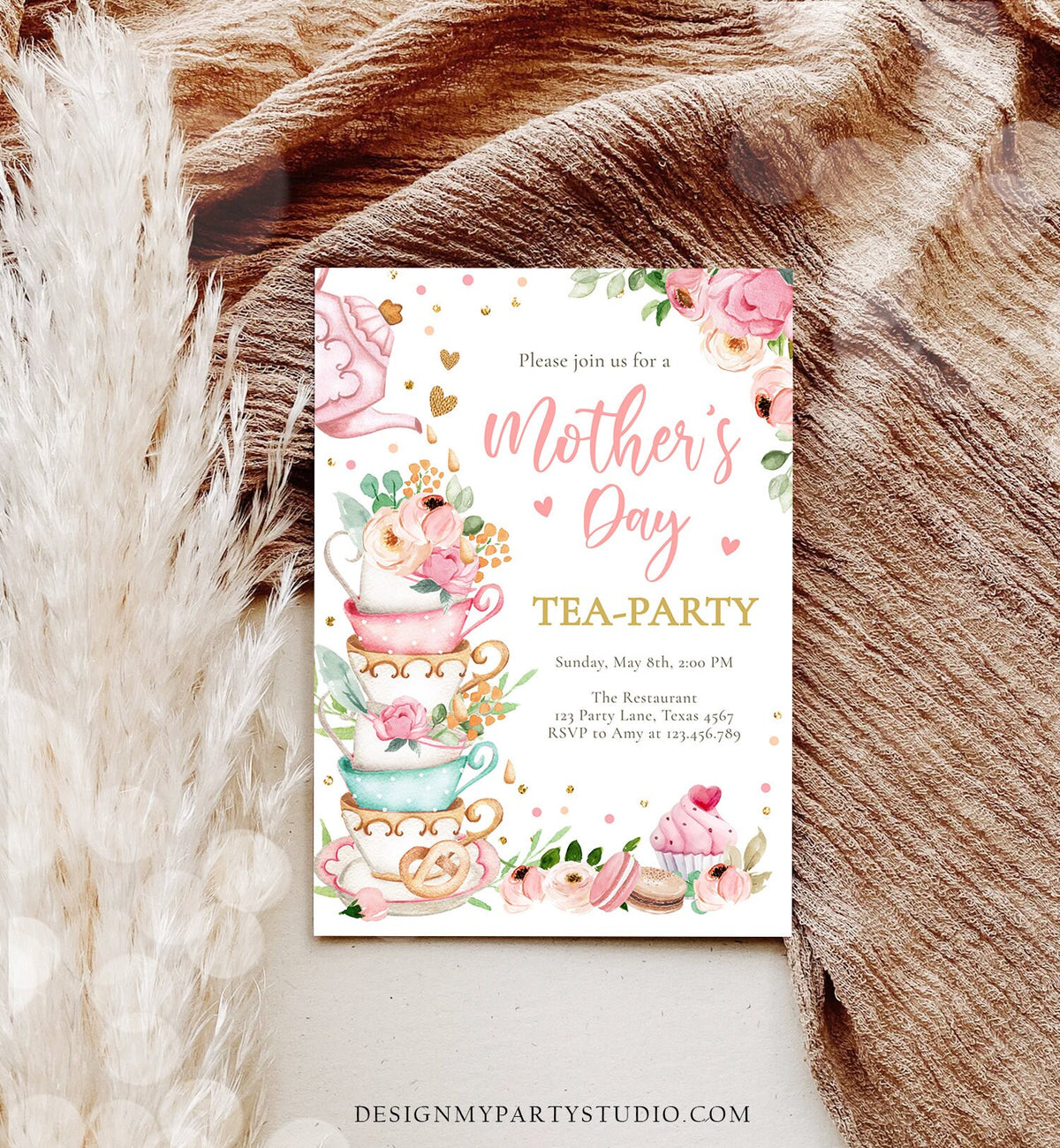 Editable Mothers Day Tea Party Invitation Tea Party Mother&#39;s Day Brunch Invite Mommy and Me Pink Floral Gold Corjl Template Printable 0349