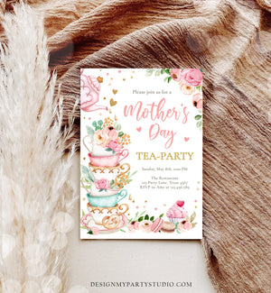 Editable Mothers Day Tea Party Invitation Tea Party Mother's Day Brunch Invite Mommy and Me Pink Floral Gold Corjl Template Printable 0349