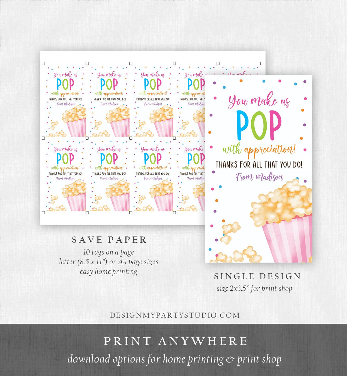 Editable Teacher Appreciation Tag Popcorn Thank You Tag Teacher Tag Popcorn Gift Tag School Employee Staff Digital Template Printable 0464