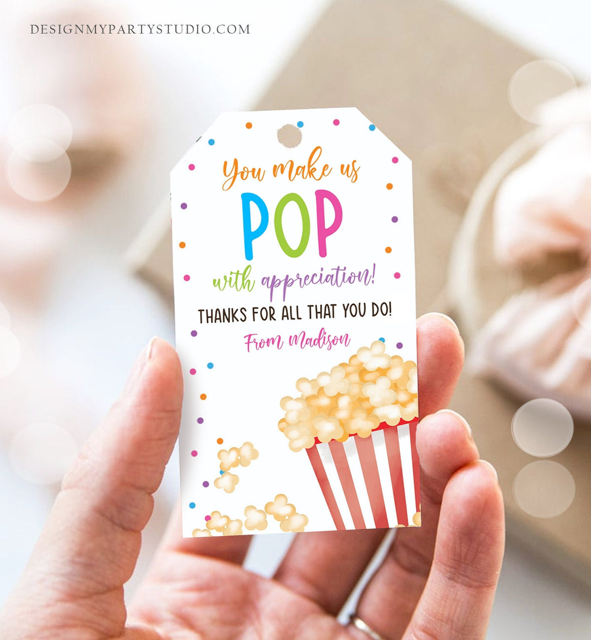 Editable Teacher Appreciation Tag Popcorn Thank You Tag Teacher Tag Popcorn Gift Tag School Employee Staff Digital Template Printable 0464