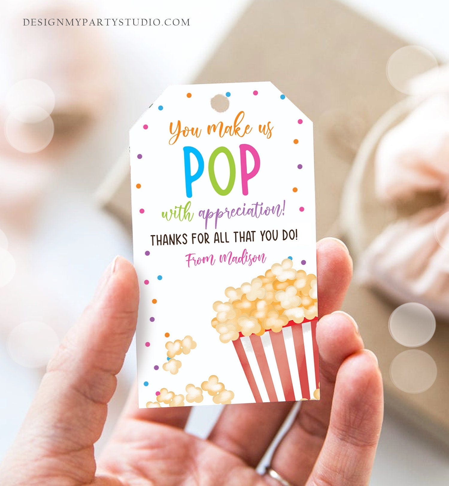 Editable Teacher Appreciation Tag Popcorn Thank You Tag Teacher Tag Po -  Design My Party Studio, image size:1500x1624