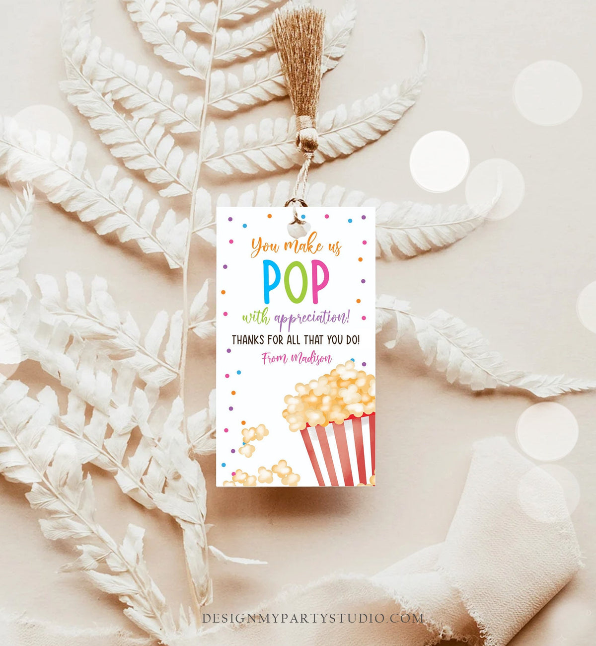 Editable Teacher Appreciation Tag Popcorn Thank You Tag Teacher Tag Popcorn Gift Tag School Employee Staff Digital Template Printable 0464