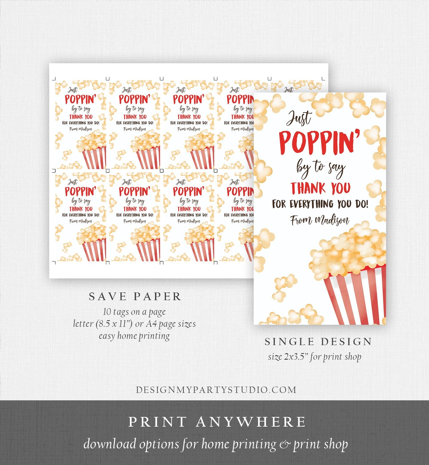 Editable Popcorn Appreciation Tag Thank You Tag Teacher Tag Popcorn Gift Tag Poppin by to Say Thank You Tag Digital Template Printable 0464