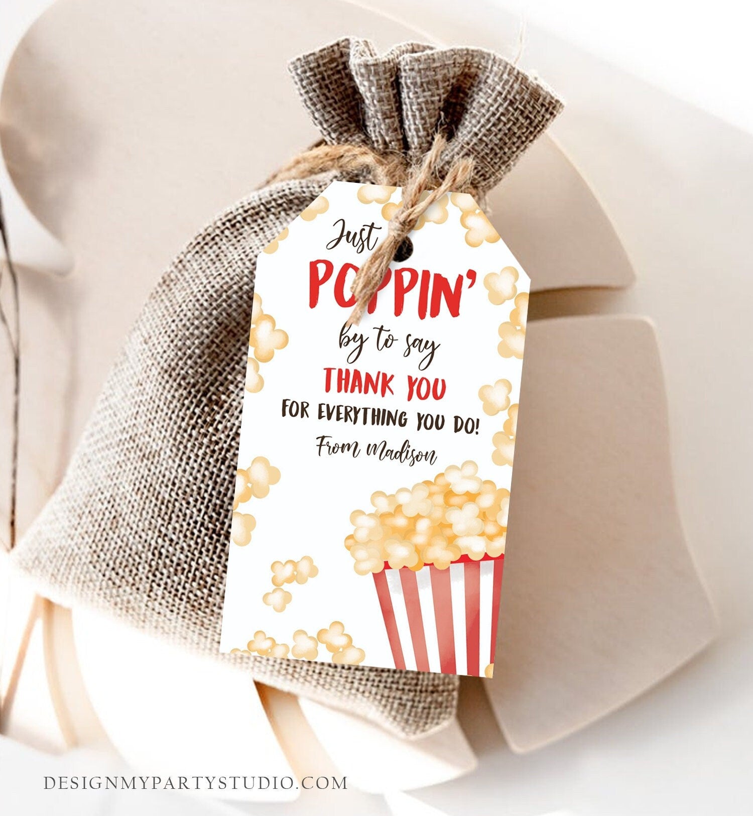 Editable Popcorn Appreciation Tag Thank You Tag Teacher Tag Popcorn Gift Tag Poppin by to Say Thank You Tag Digital Template Printable 0464