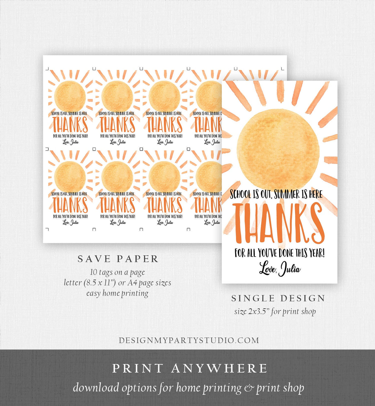 Editable Teacher Appreciation Gift Tags Sunshine Thank You Tag Schools Out Summer End of Year Tag Template Digital Download Printable 0464