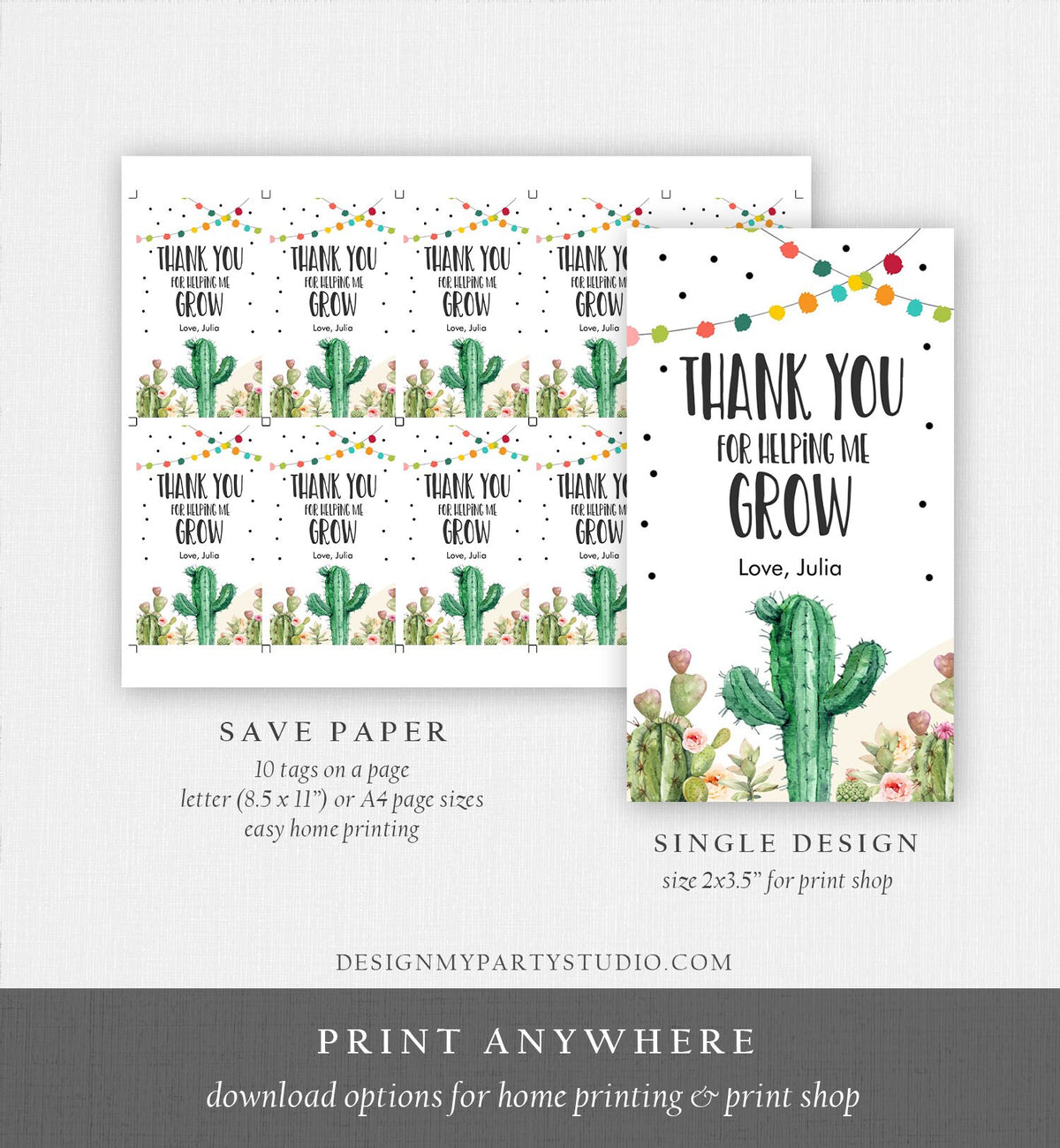 Editable Teacher Appreciation Favor Tags Thank You for Helping me Grow Succulent Fiesta Cactus Teacher Tag Digital Template Printable 0464