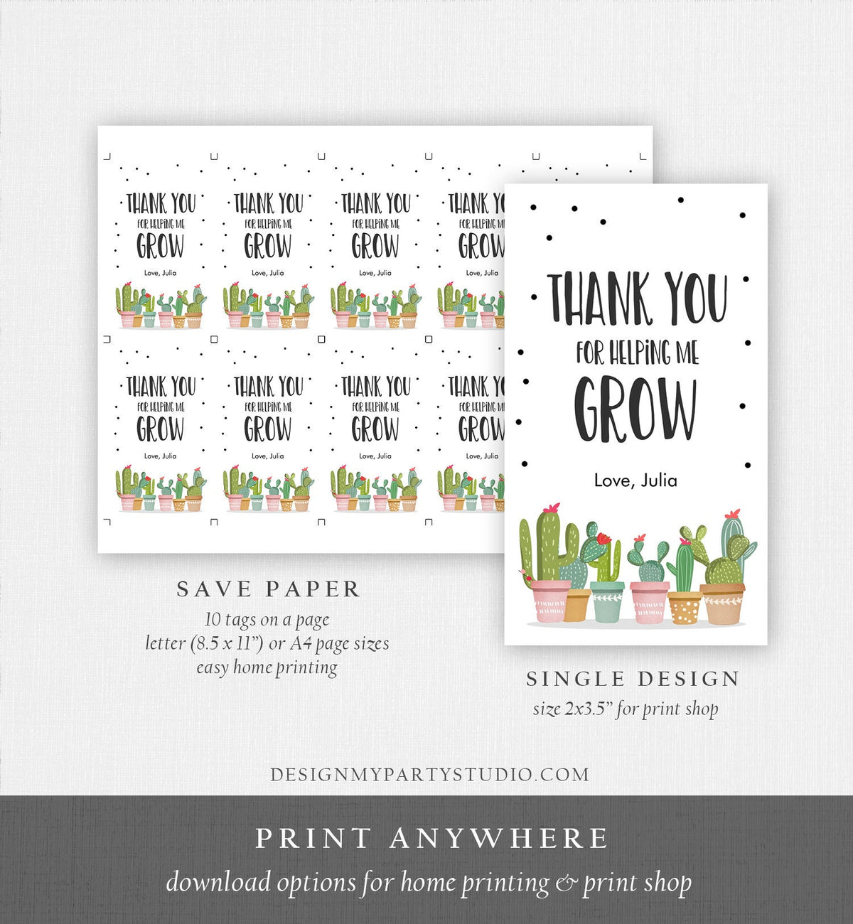 Editable Teacher Appreciation Favor Tags Thank You for Helping me Grow Succulent Fiesta Cactus Teacher Tag Digital Template Printable 0464