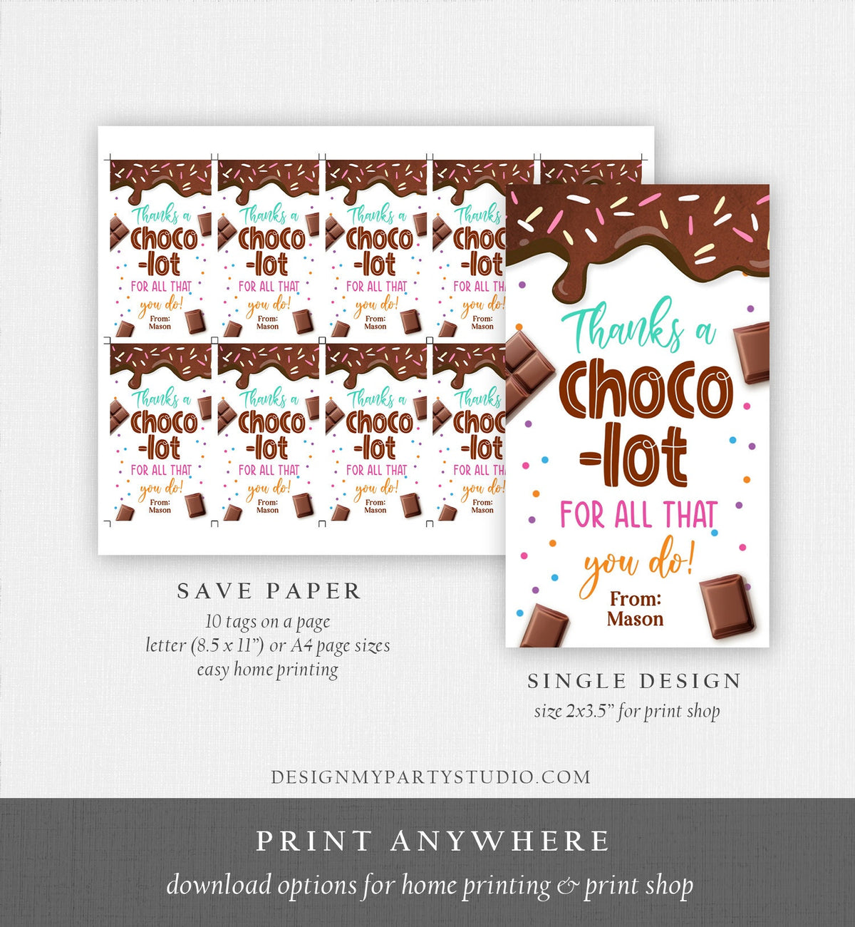 Editable Chocolate Gift Tag Thanks A Choco-Lot Teacher Appreciation Tag Thank You Tag Teacher School Staff Digital Template Printable 0464