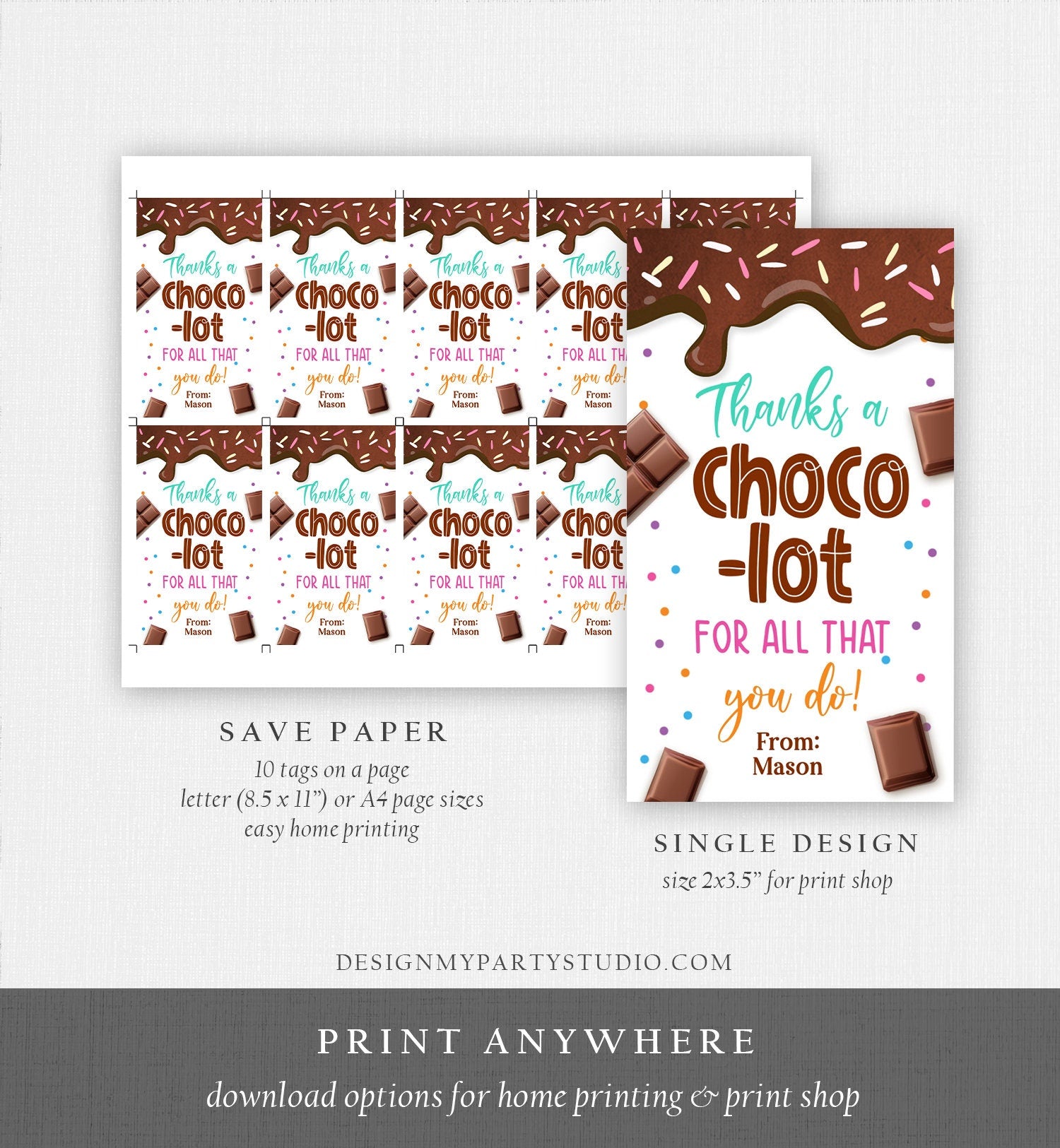 Editable Chocolate Gift Tag Thanks A Choco-Lot Teacher Appreciation Tag Thank You Tag Teacher School Staff Digital Template Printable 0464