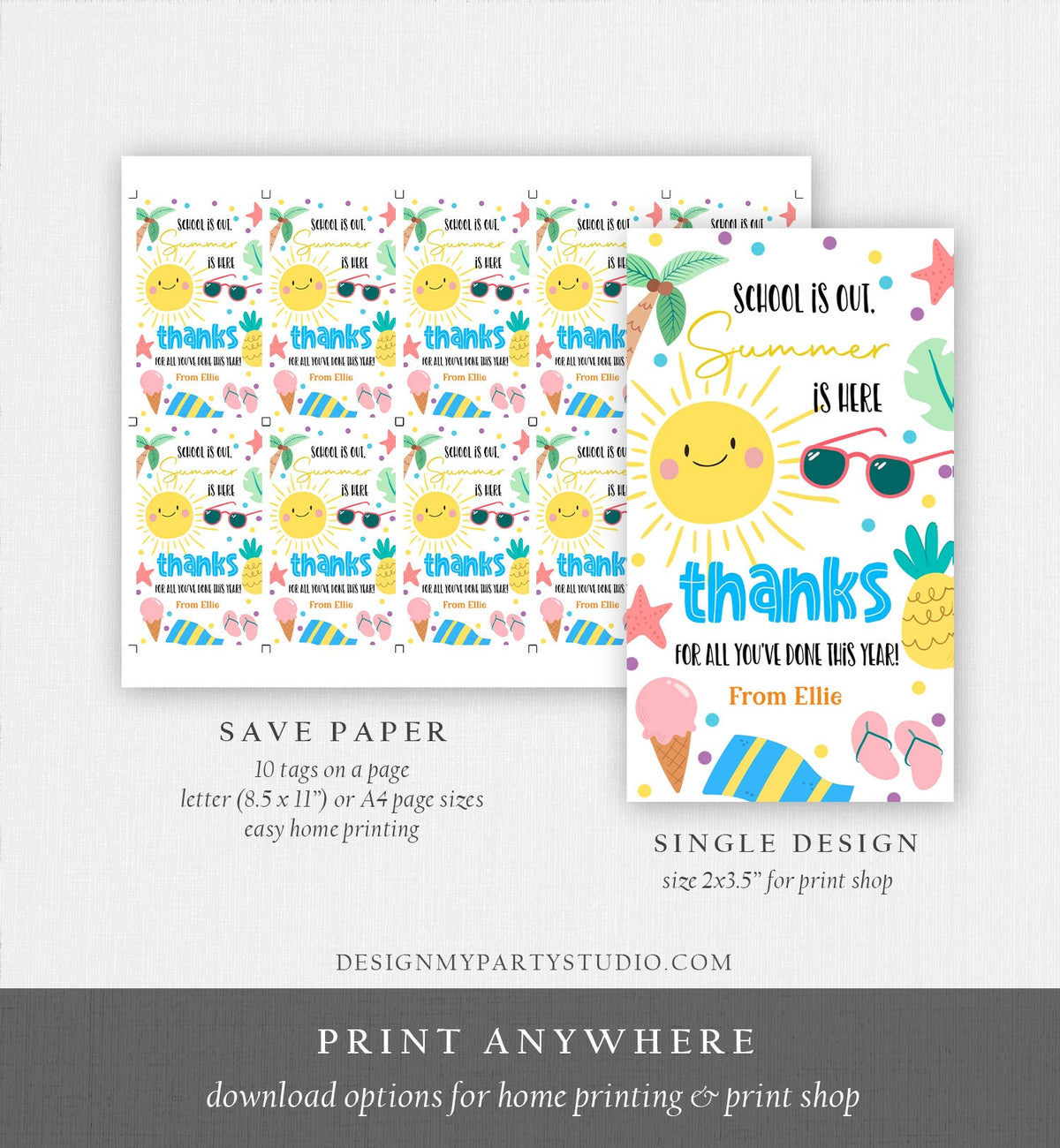 Editable Teacher Appreciation Gift Tags Sunshine Thank You Tag School is Out Summer is Here End of Year Tag Digital Template Printable 0464