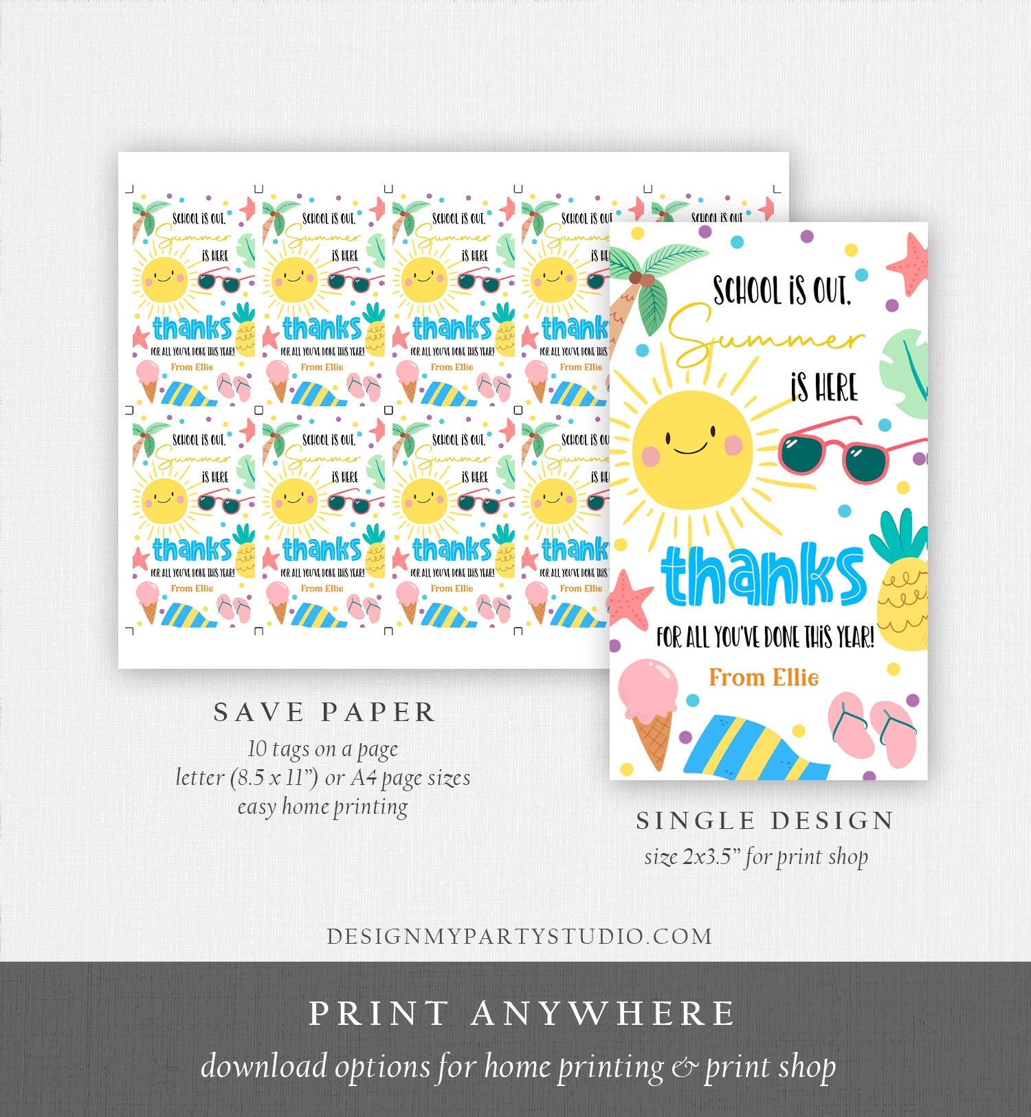 Editable Teacher Appreciation Gift Tags Sunshine Thank You Tag School is Out Summer is Here End of Year Tag Digital Template Printable 0464