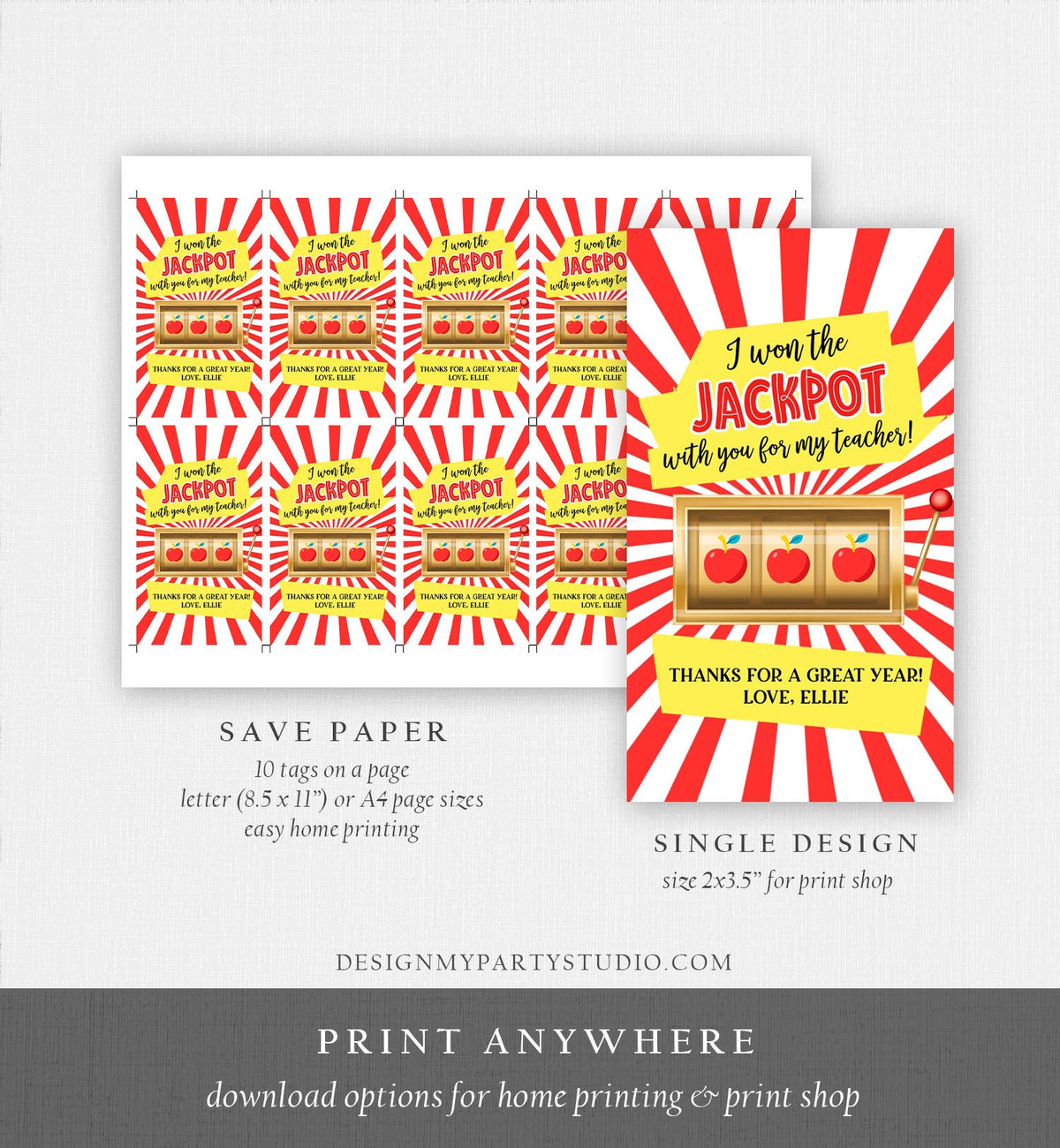 Editable Teacher Appreciation Gift Tags Jackpot Tag Teacher Tag School End of the Year Gift Tag Class Kids Digital Template Printable 0464