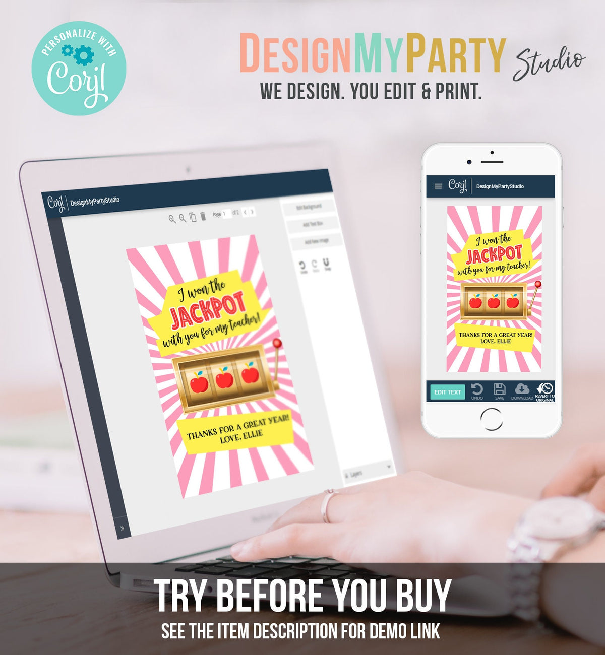 Editable Teacher Appreciation Gift Tags Jackpot Tag Teacher Tag School End of the Year Gift Tag Class Kids Corjl Template Printable 0464