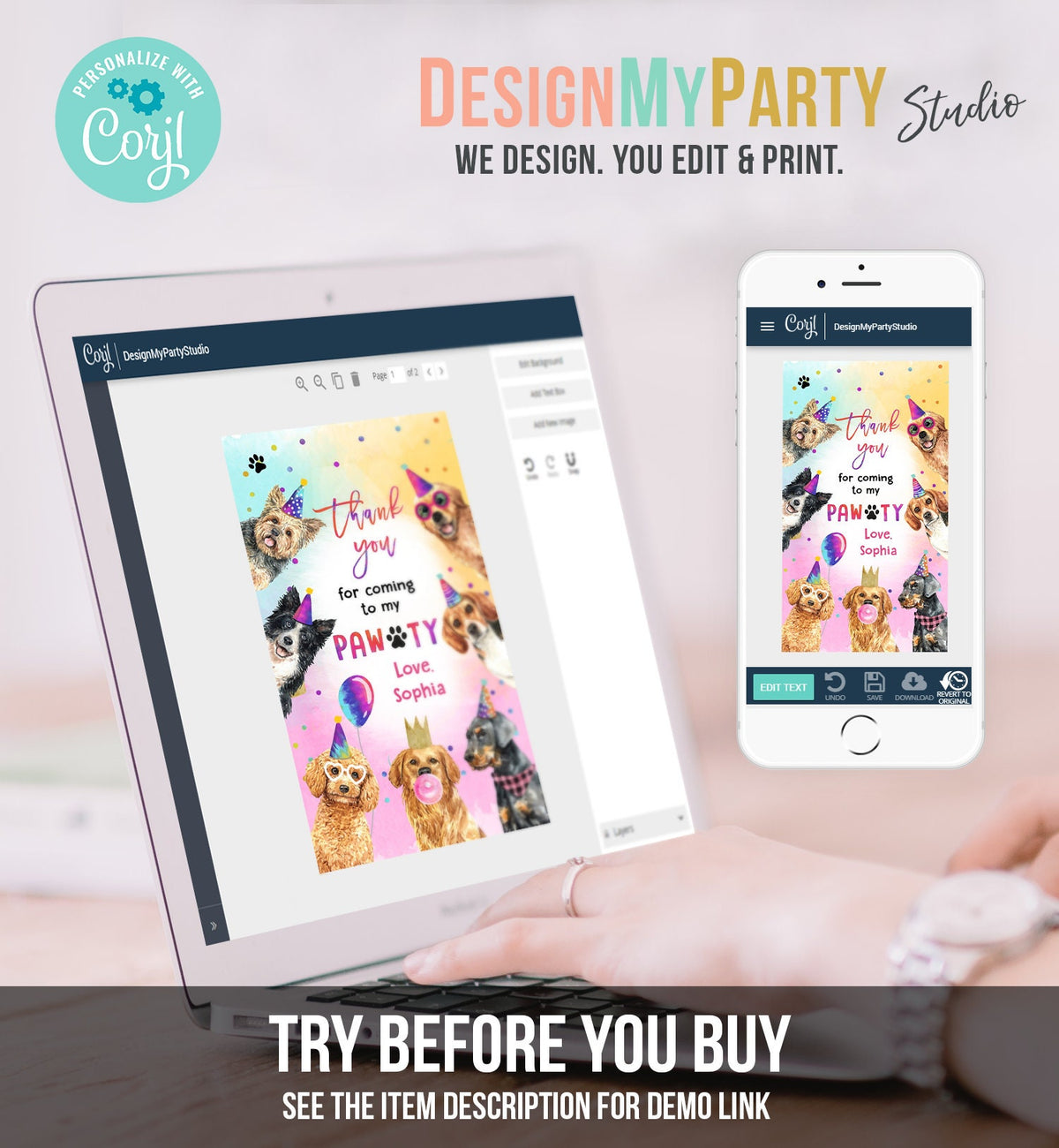 Editable Dogs Favor Tag Dog Birthday Thank You Tags Girl Puppy Birthday Dog Party Animals Dog Pawty Template PRINTABLE Corjl 0460