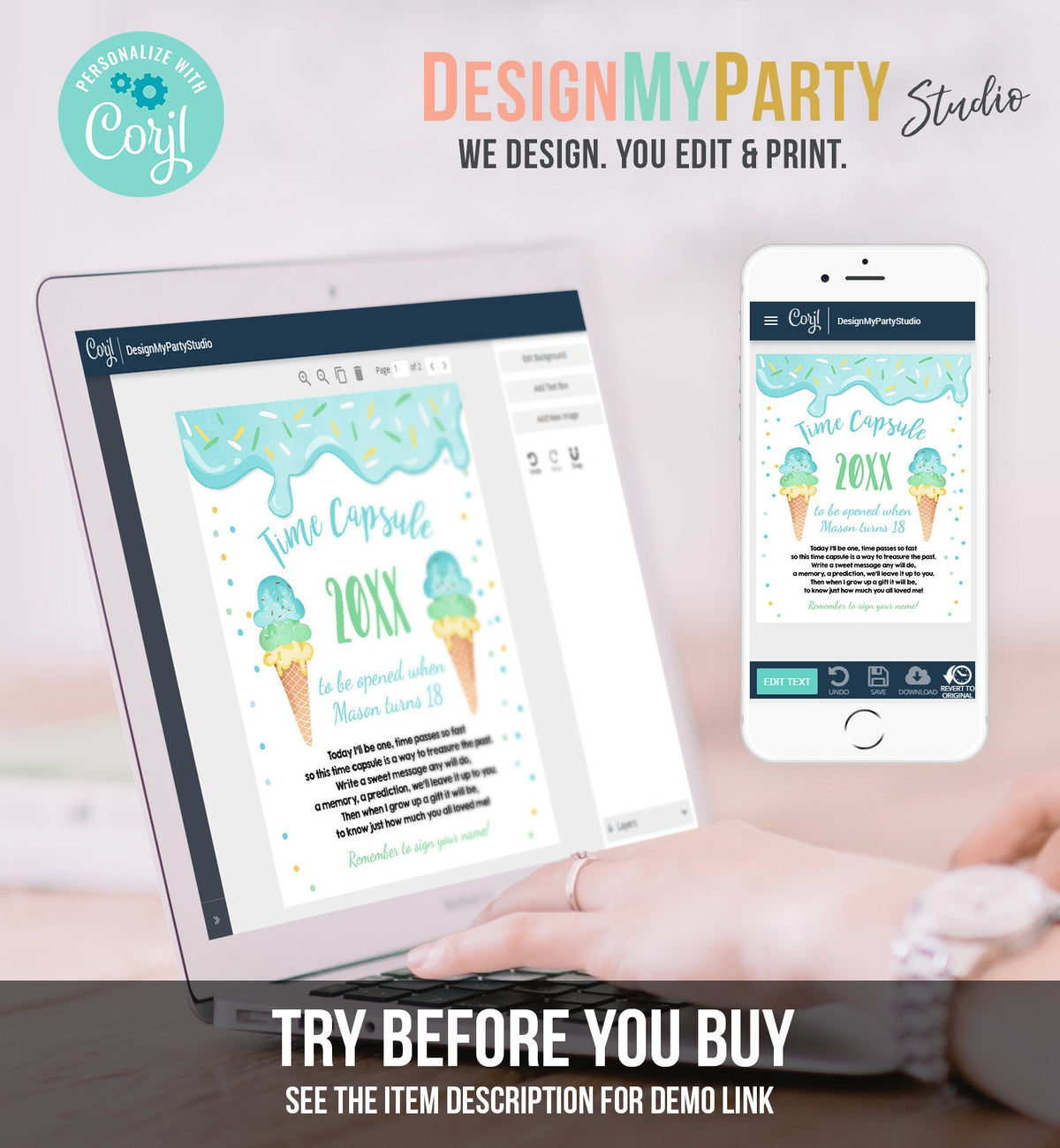 Editable Ice Cream Time Capsule First Birthday Party Ice Cream Birthday Summer Party Decor Scoop Cone Boy Digital Template Printable 0243