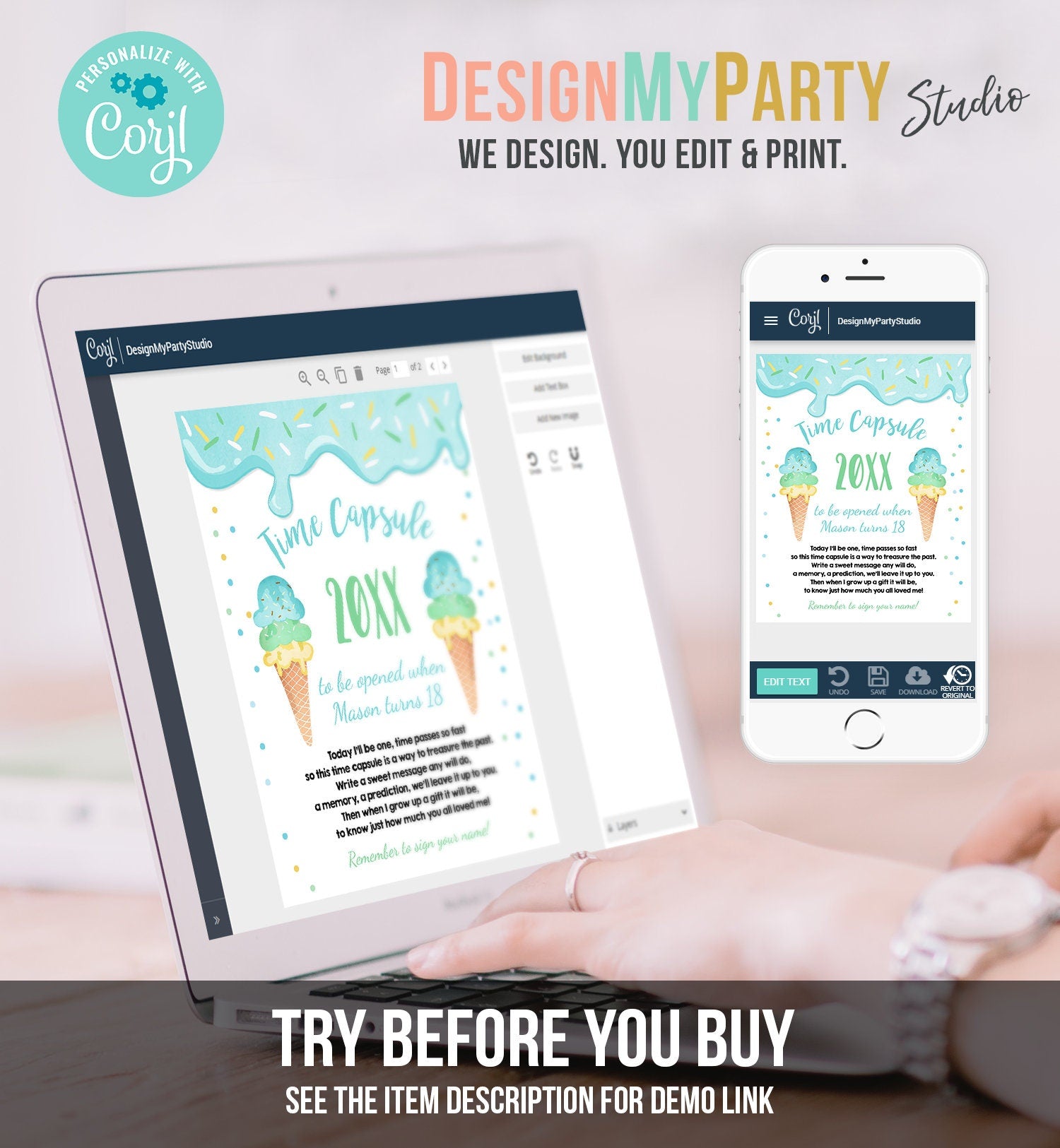 Editable Ice Cream Time Capsule First Birthday Party Ice Cream Birthday Summer Party Decor Scoop Cone Boy Digital Template Printable 0243