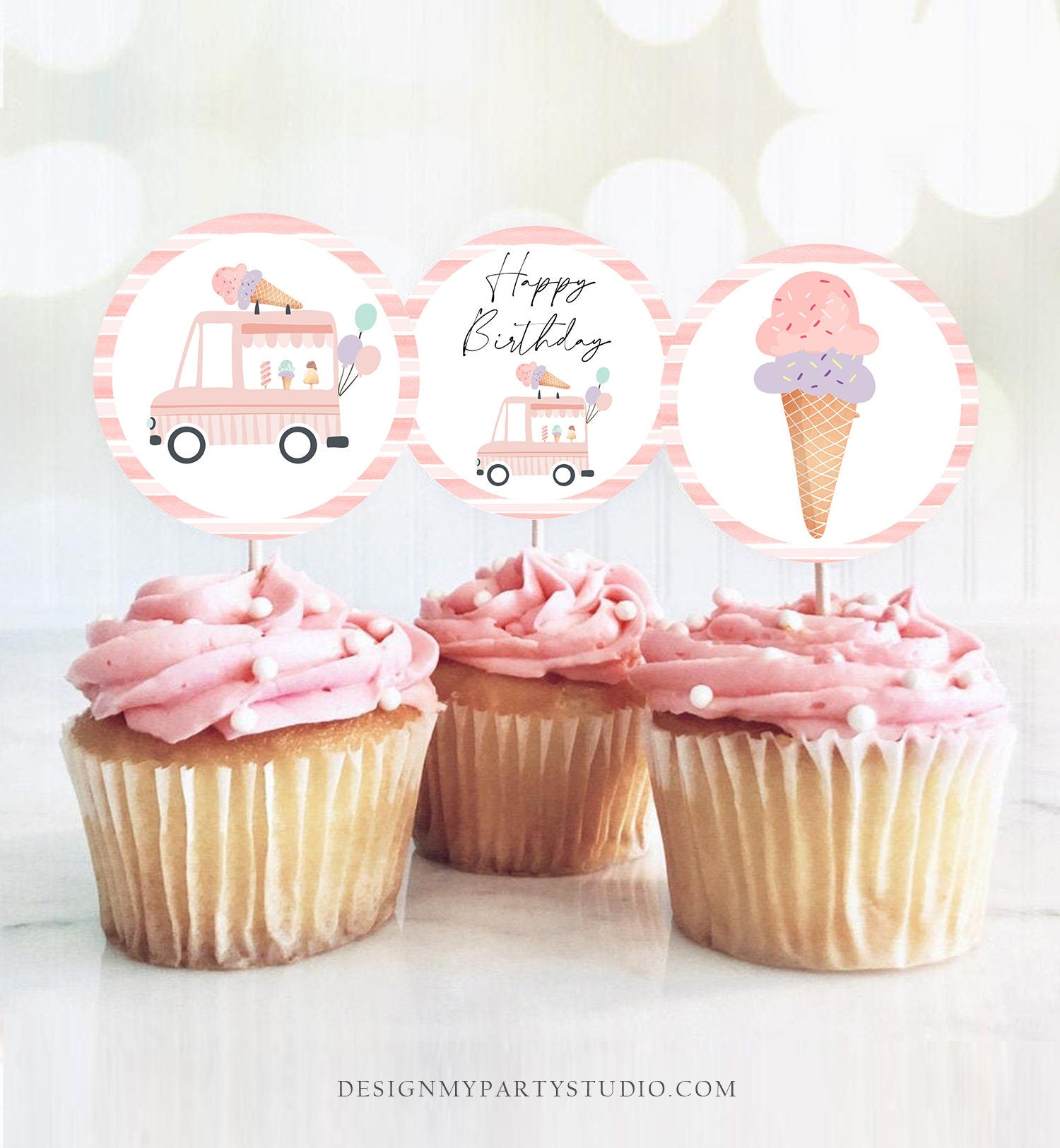Ice Cream Truck Cupcake Toppers Favor Tags Ice Cream Birthday Party Decoration Pink Mint Girl Summer Scoop Download Digital Printable 0415