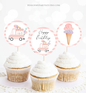 Ice Cream Truck Cupcake Toppers Favor Tags Ice Cream Birthday Party Decoration Pink Mint Girl Summer Scoop Download Digital PRINTABLE 0415