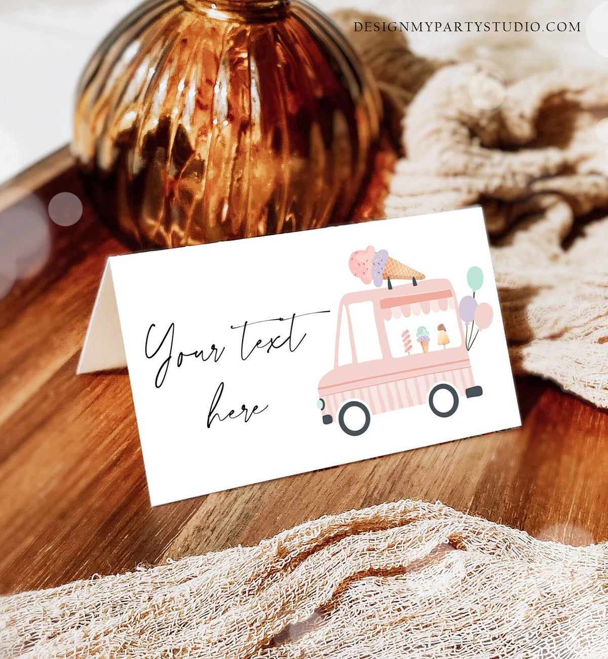 Editable Ice Cream Truck Food Label Ice Cream Birthday Food Tent Card Girl Pink The Scoop Buffet Digital Download Template Printable 0415