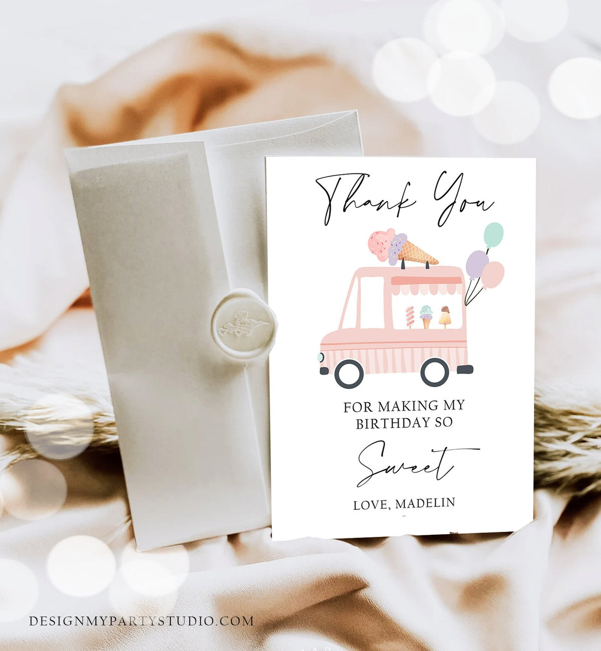 Editable Ice Cream Truck Thank You Card Ice Cream Birthday Thank You Note Girl Birthday Summer Digital Download Template Printable 0415