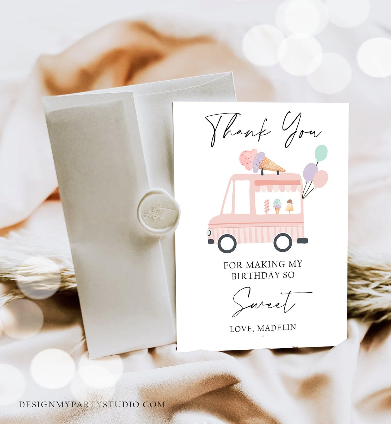 Editable Ice Cream Truck Thank You Card Ice Cream Birthday Thank You Note Girl Birthday Summer Digital Download Template Printable 0415